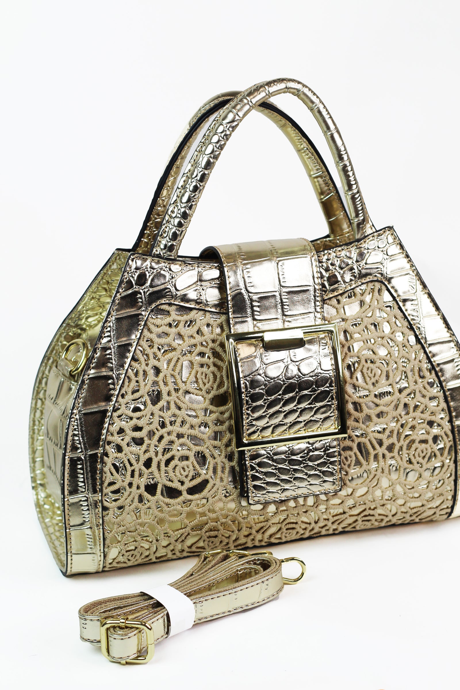 Faux Reptile Handbag w/ Floral Lace Overlay & Large Buckle Strap