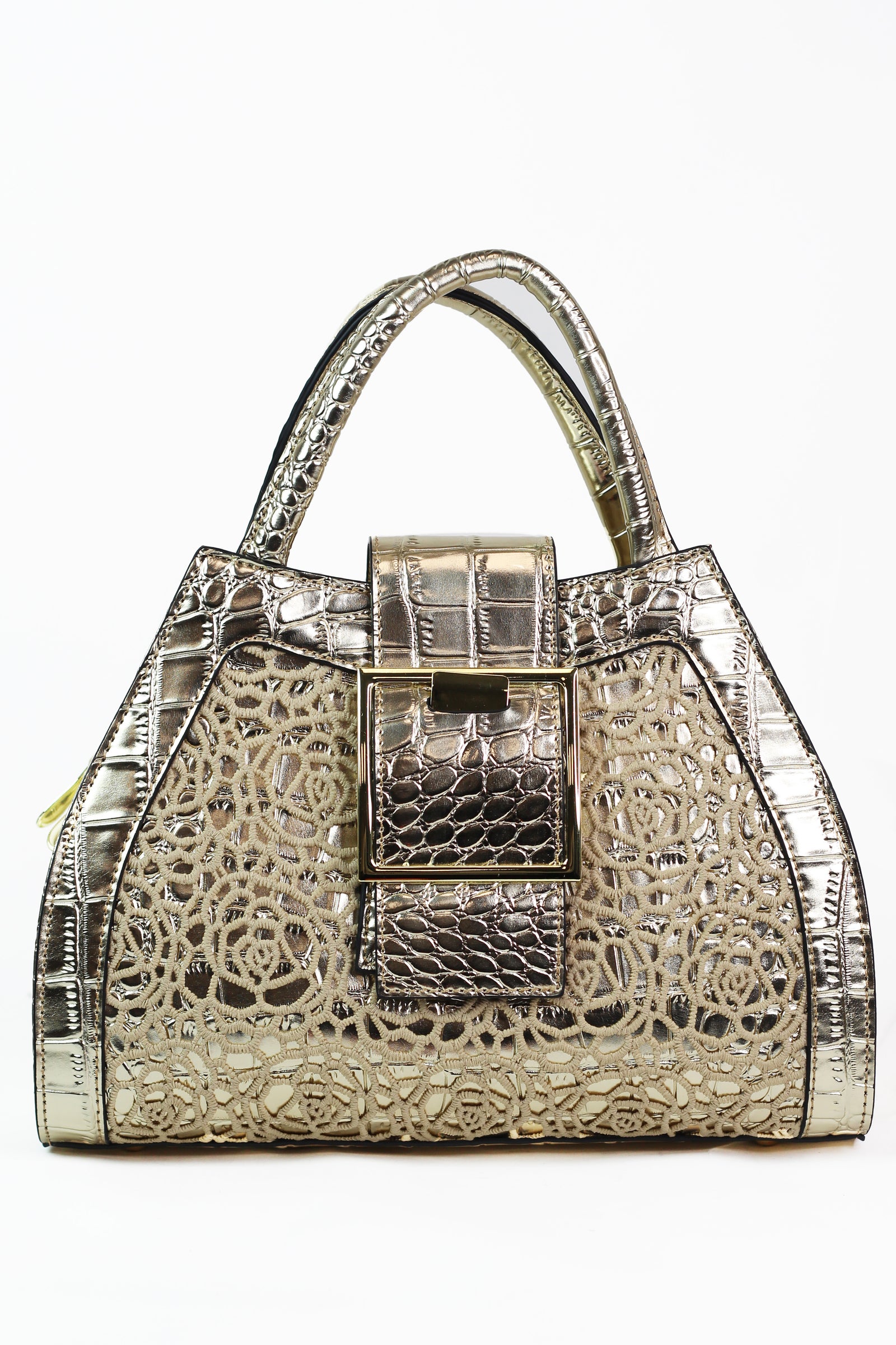 Faux Reptile Handbag w/ Floral Lace Overlay & Large Buckle Strap