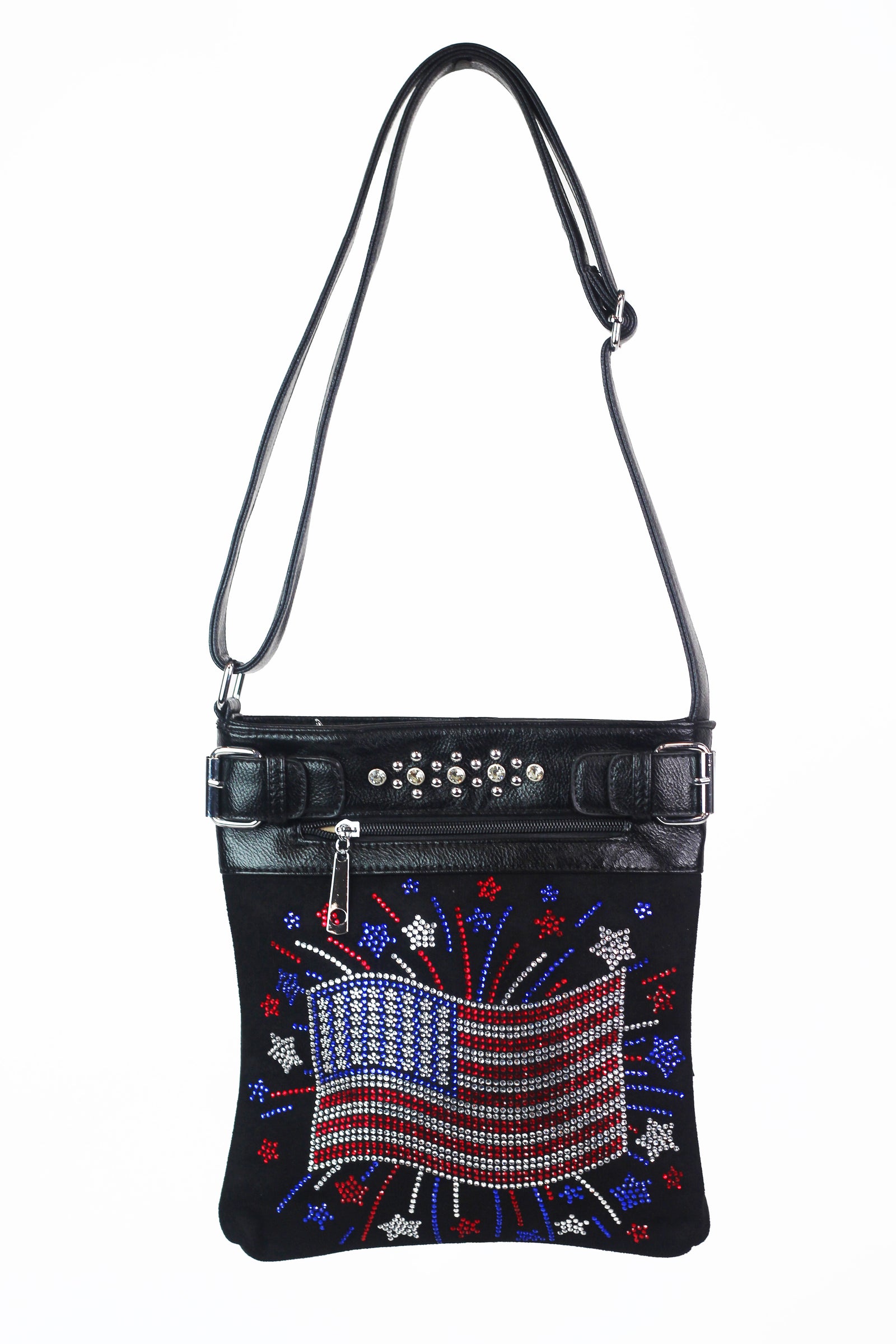 American Flag Stars Burst Rhinestone Buckle Accent Messenger Bag