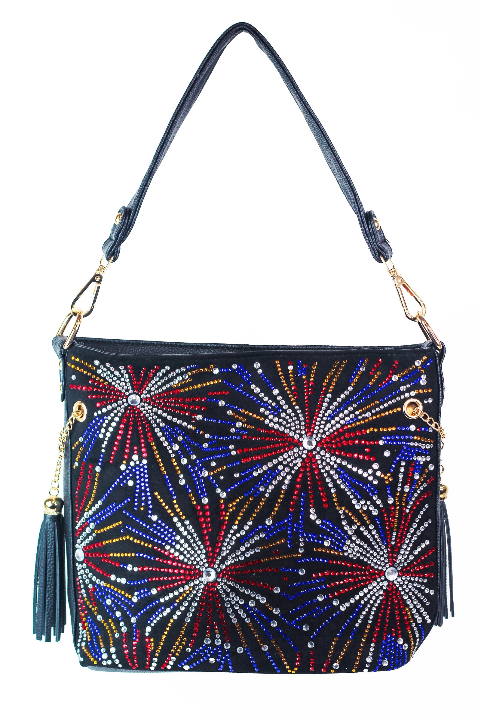 Multicolor Rhinestone Fireworks Purse w/ Side Tassels