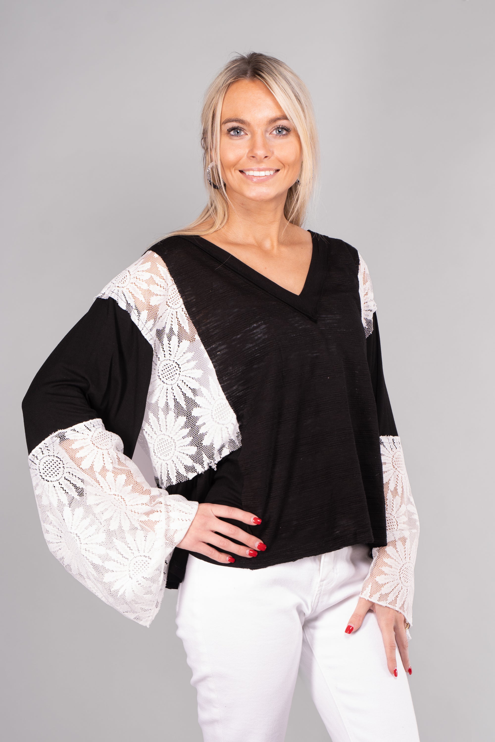 V Neck, Flare Sleeve Top with Lace Detail