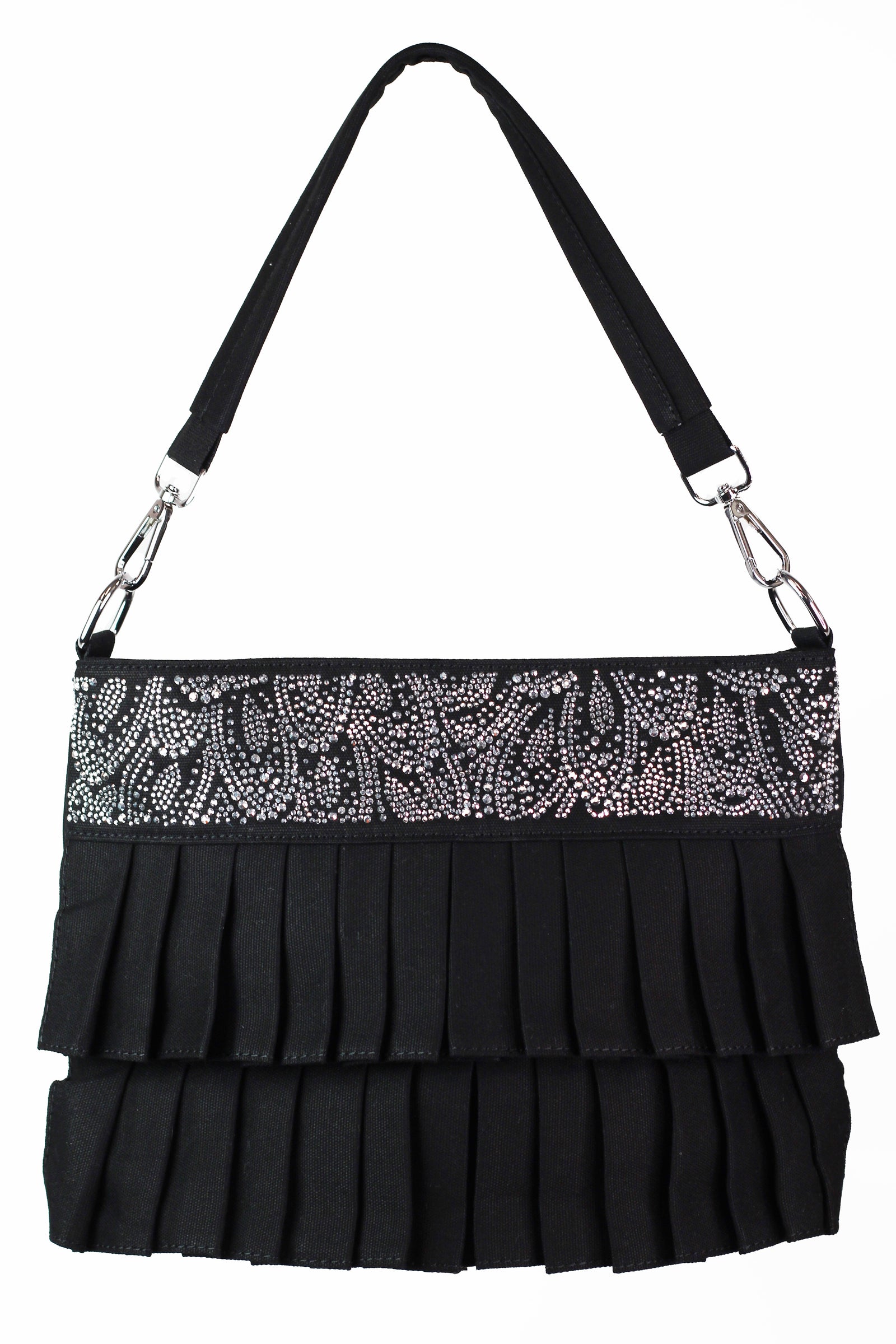 Canvas Handbag w/ Rhinestone Leaves Top & Pleated Overlays
