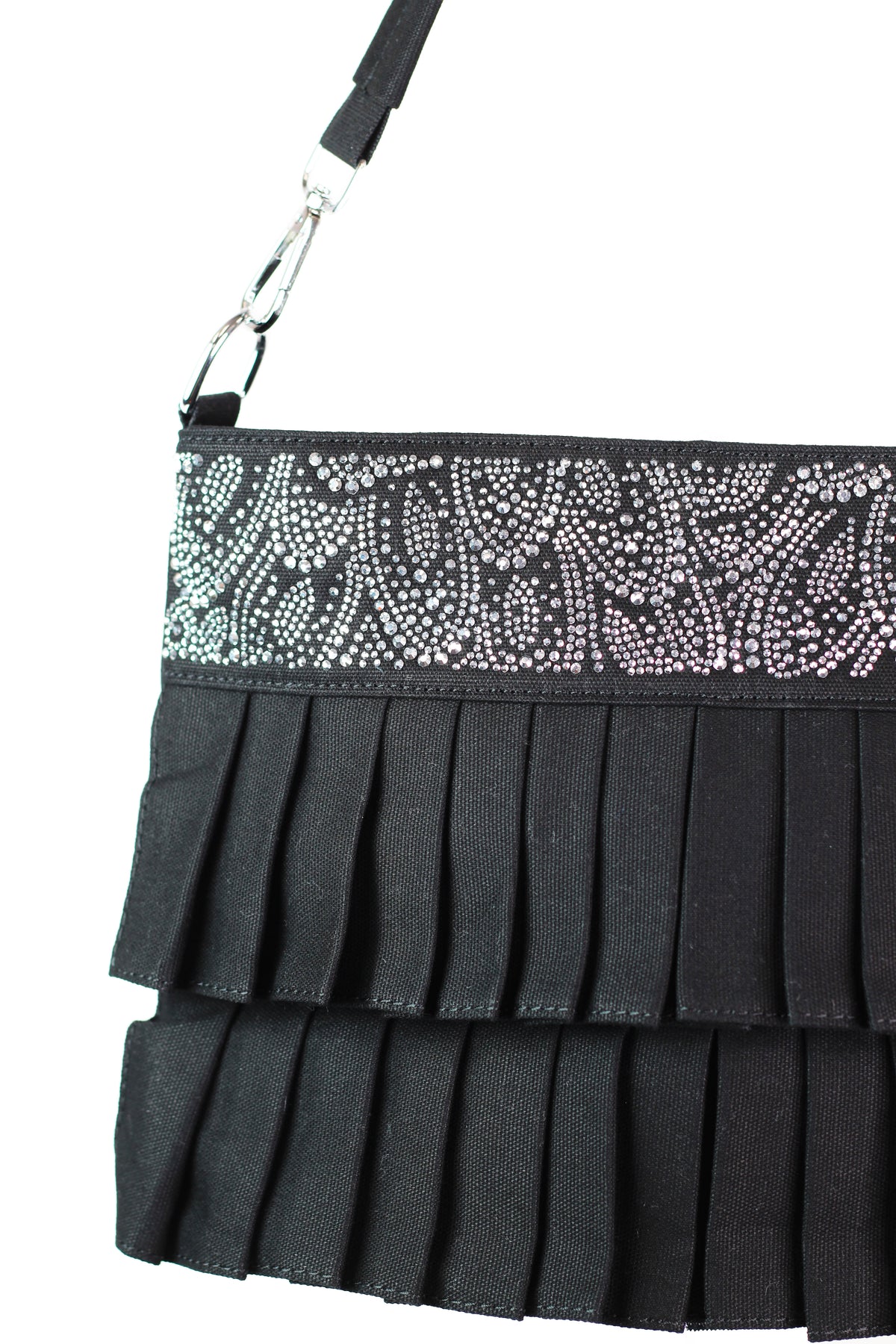 Canvas Handbag w/ Rhinestone Leaves Top & Pleated Overlays