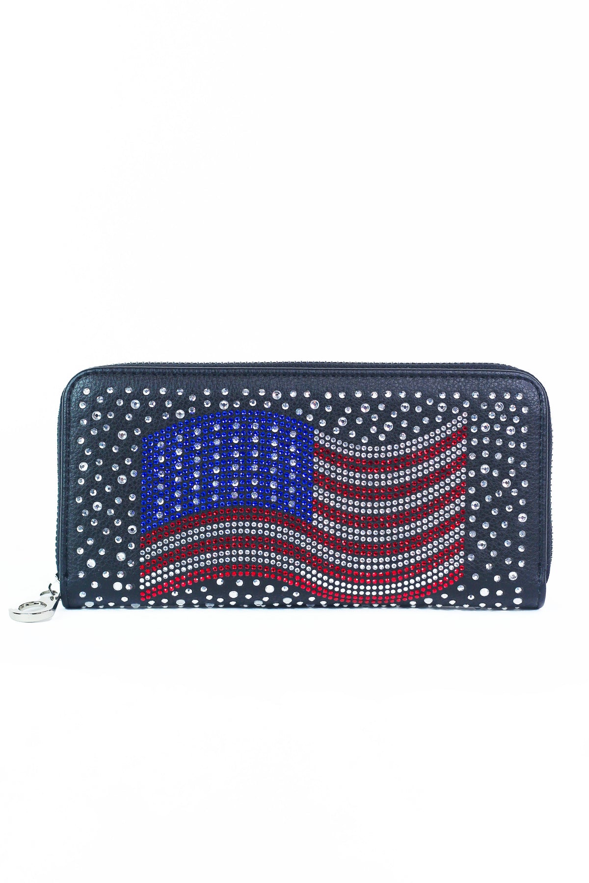 Wavy USA Flag &amp; Scattered Rhinestones Zip Around Wallet