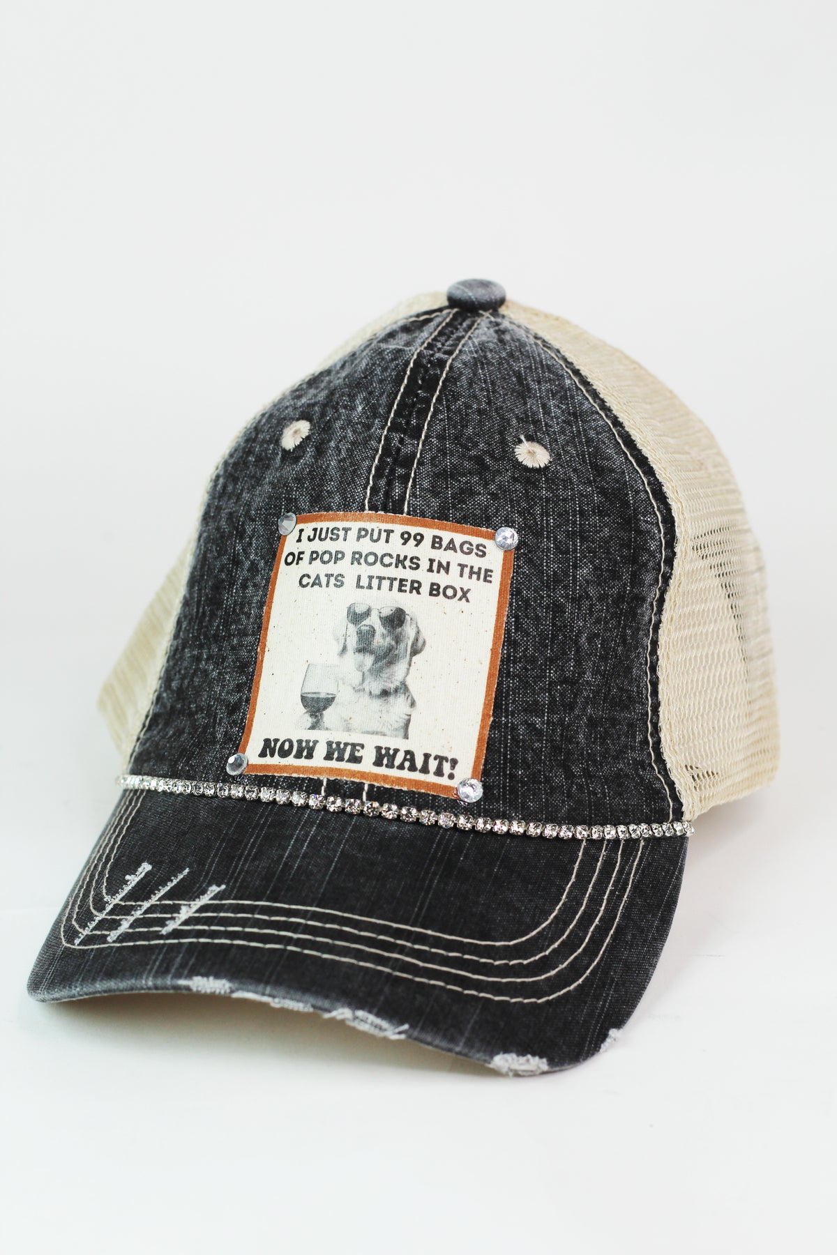 Photo & Quote Distressed Trucker Cap w/ Stone Accents