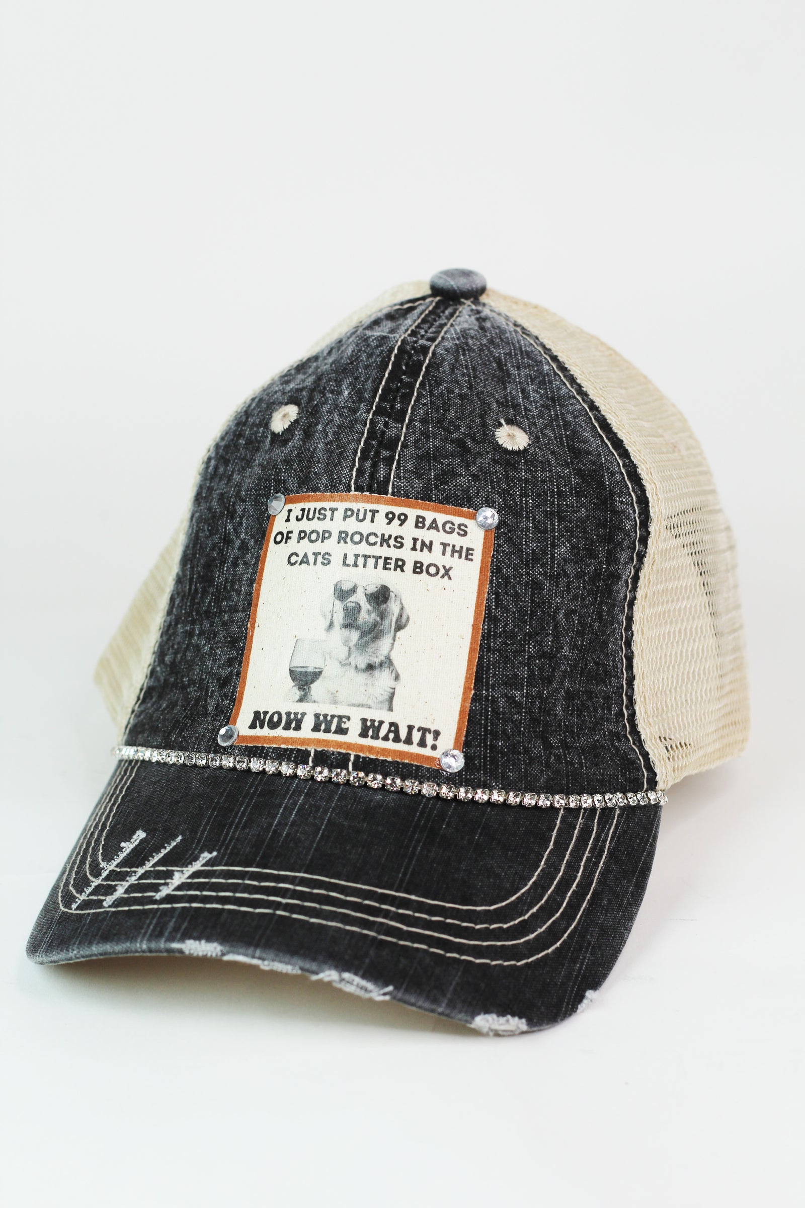 Photo & Quote Distressed Trucker Cap w/ Stone Accents