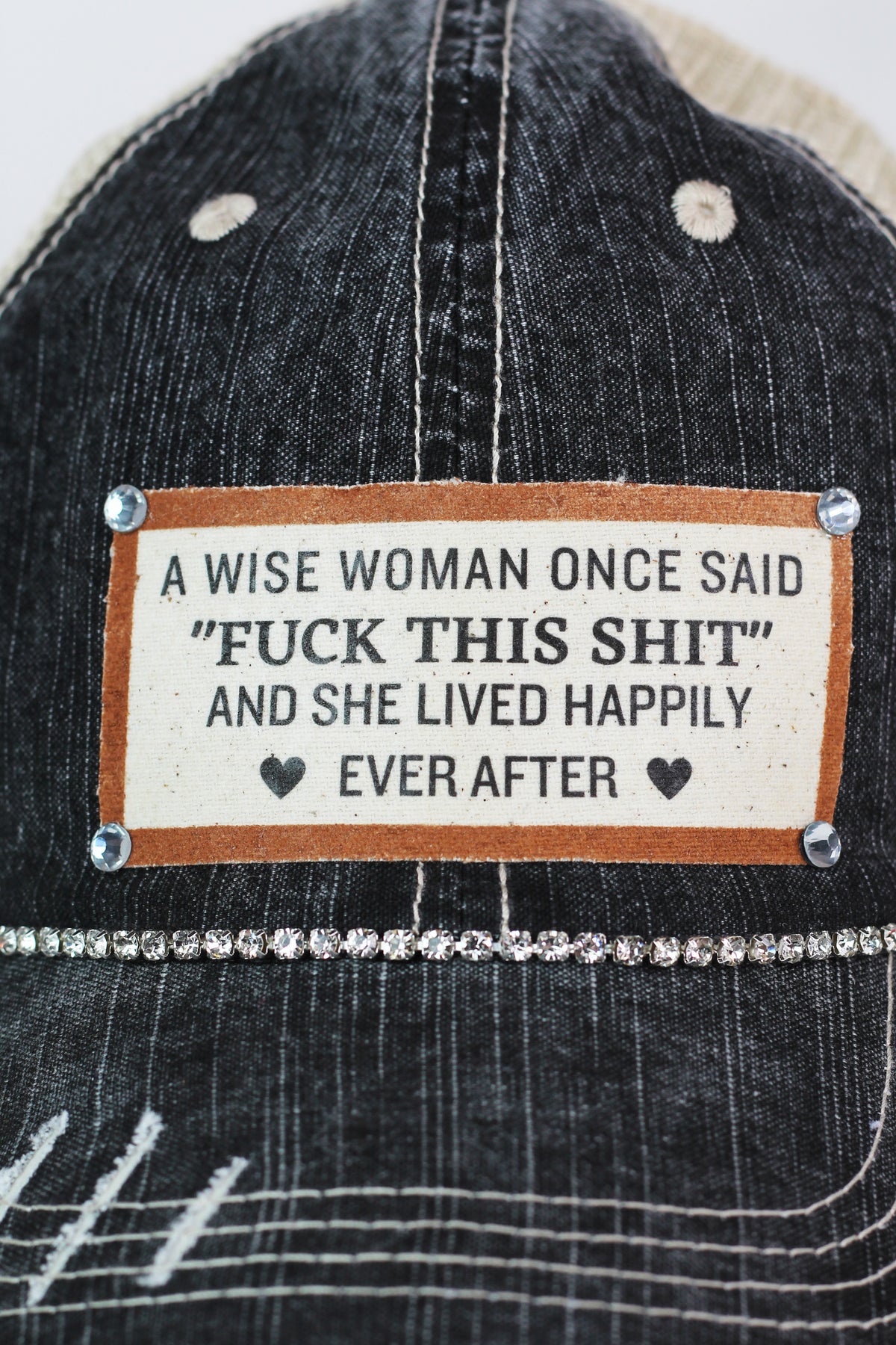 Photo & Quote Distressed Trucker Cap w/ Stone Accents