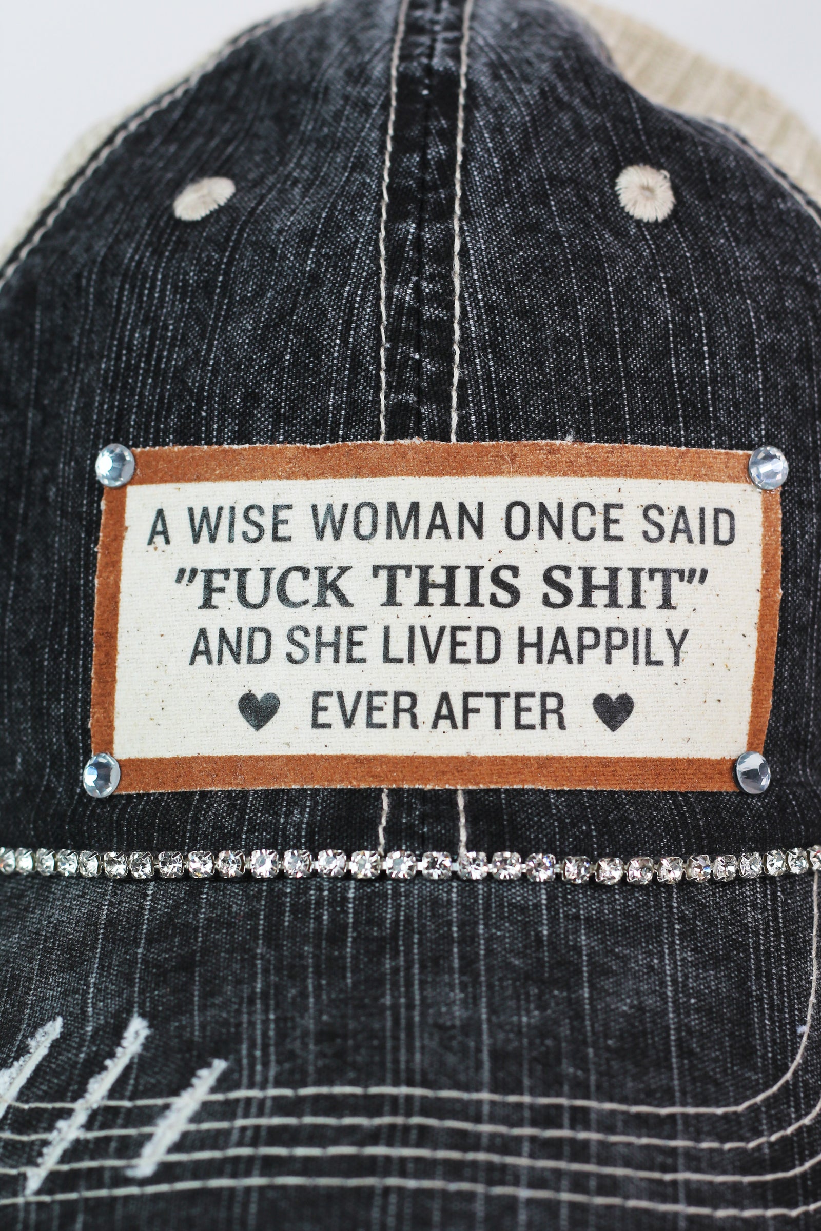 Photo & Quote Distressed Trucker Cap w/ Stone Accents