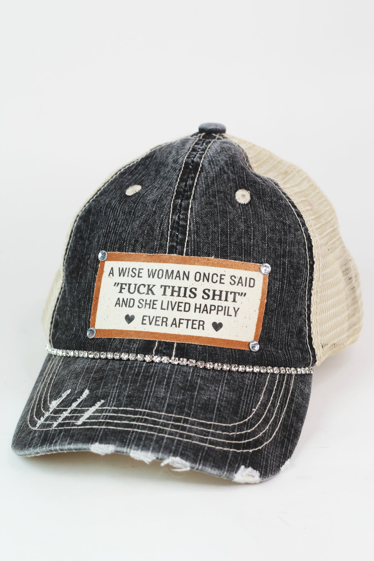 Photo & Quote Distressed Trucker Cap w/ Stone Accents