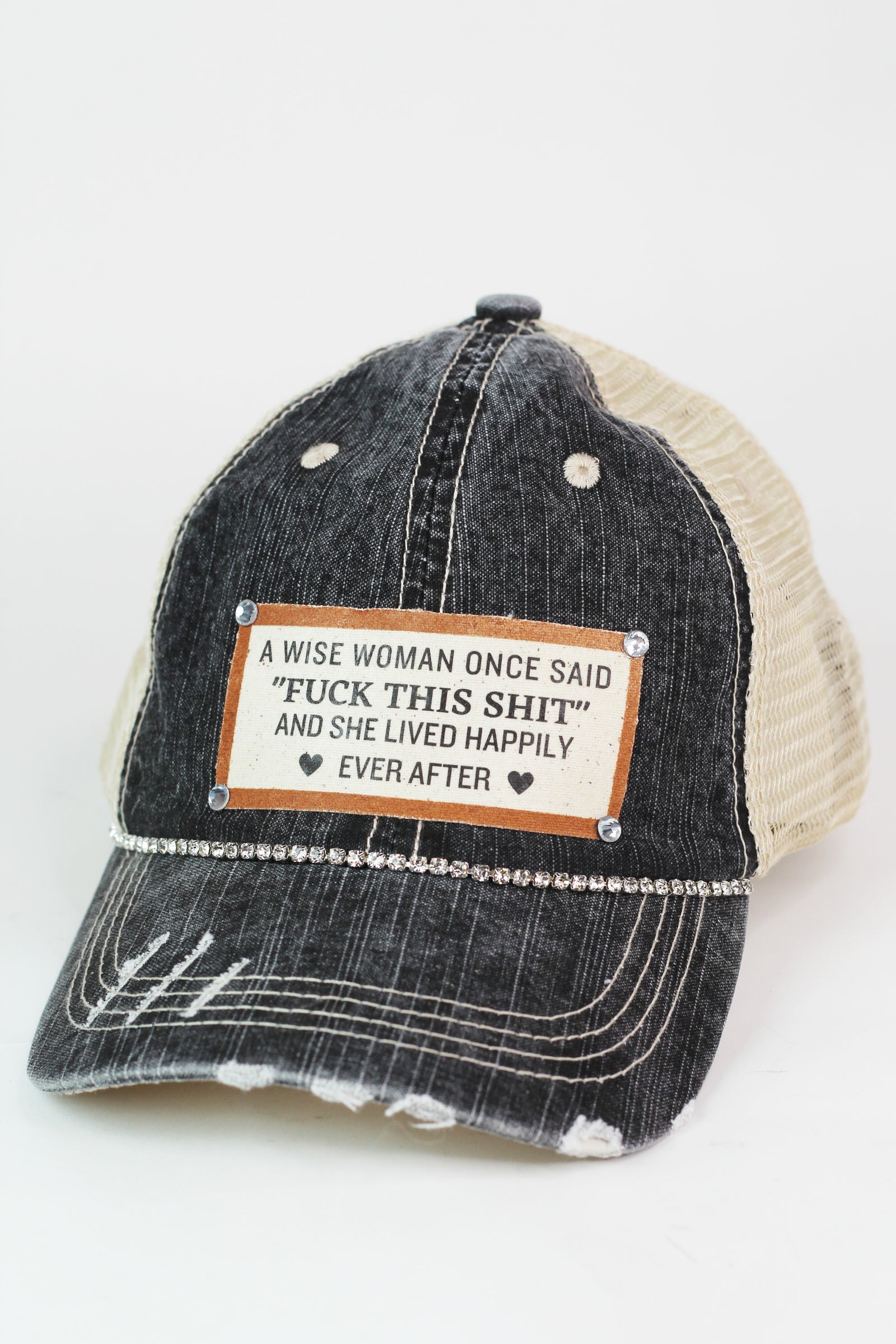Photo & Quote Distressed Trucker Cap w/ Stone Accents