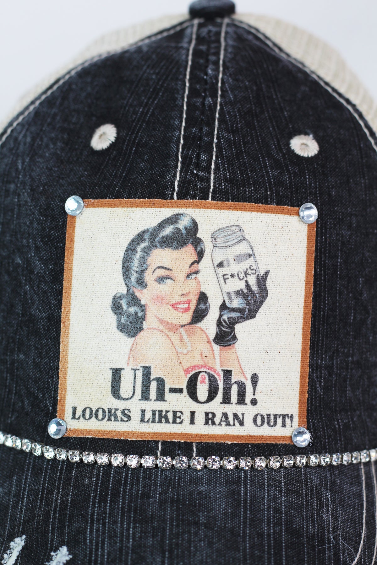 Photo & Quote Distressed Trucker Cap w/ Stone Accents