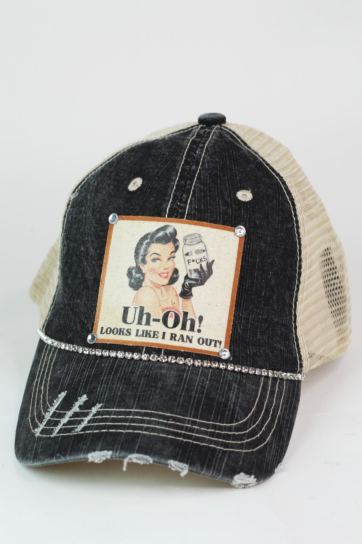 Photo & Quote Distressed Trucker Cap w/ Stone Accents
