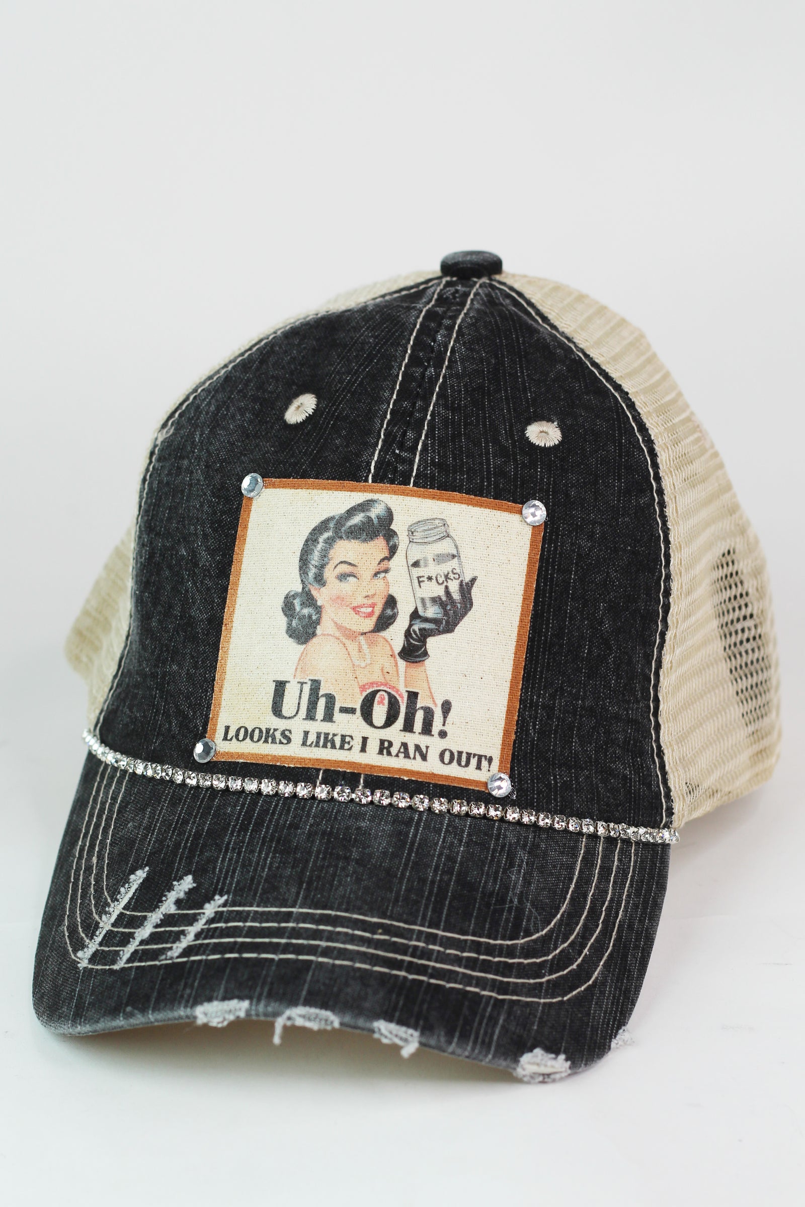 Photo & Quote Distressed Trucker Cap w/ Stone Accents