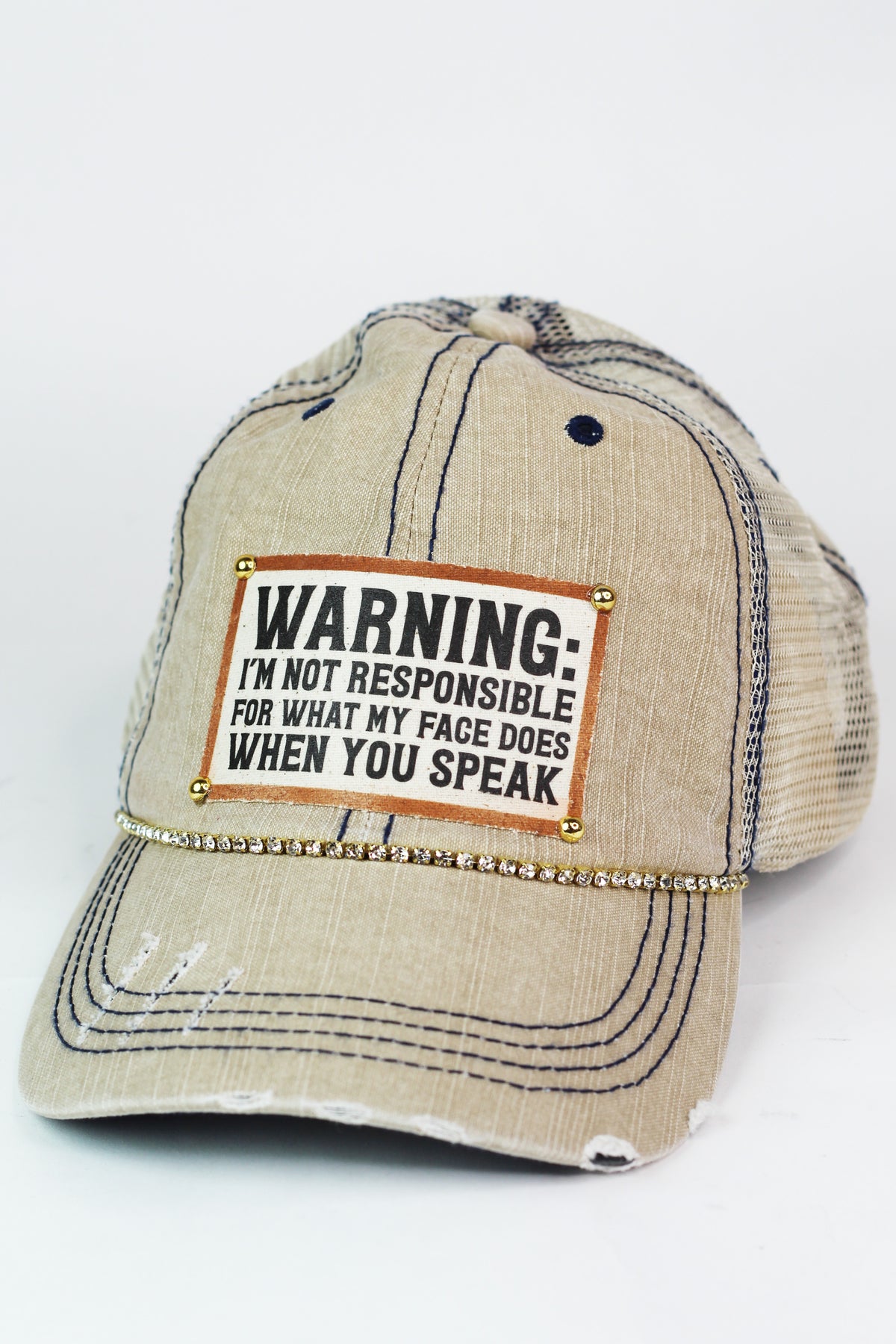 Photo &amp; Quote Distressed Trucker Cap w/ Stone Accents
