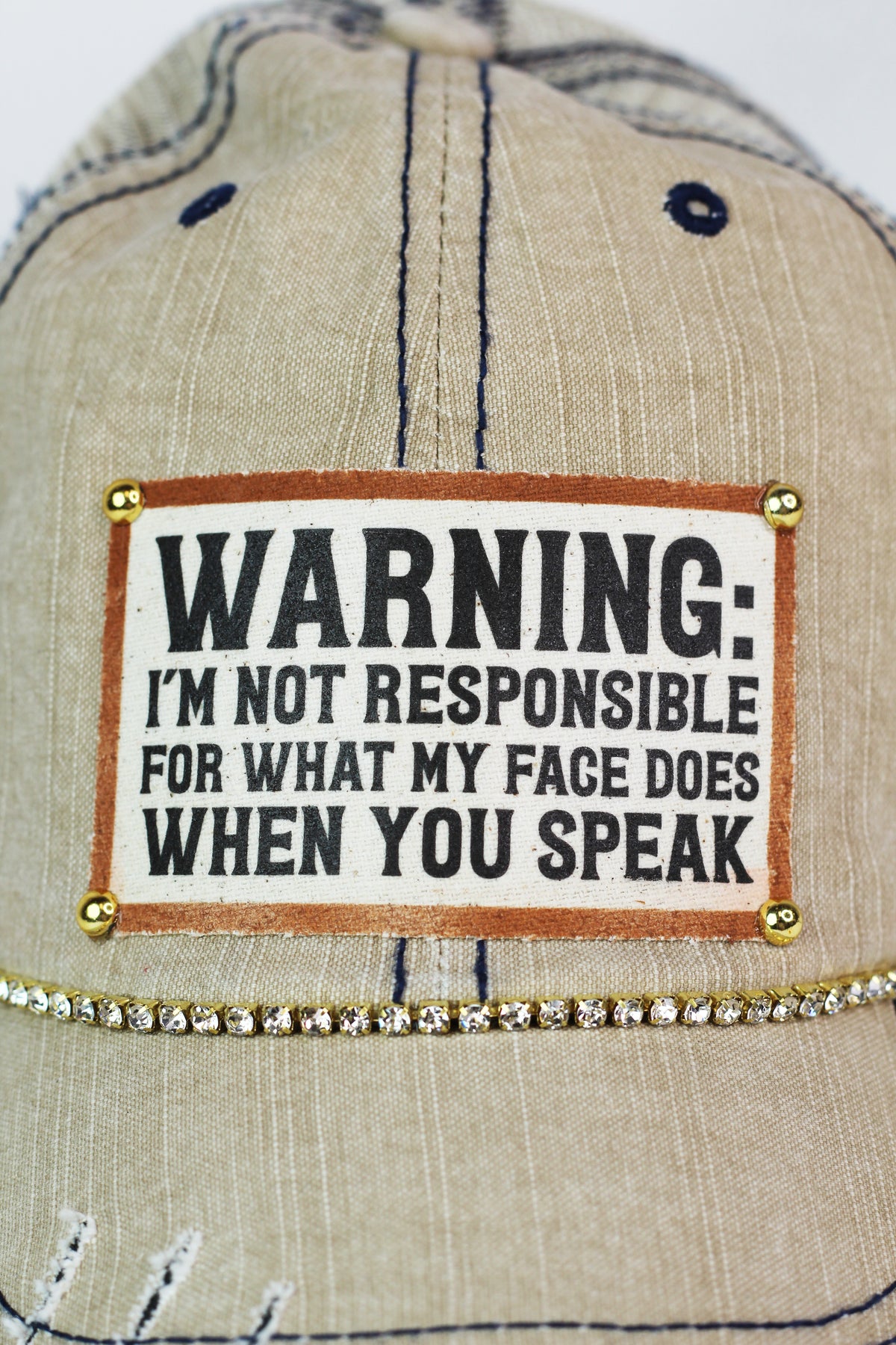 Photo & Quote Distressed Trucker Cap w/ Stone Accents