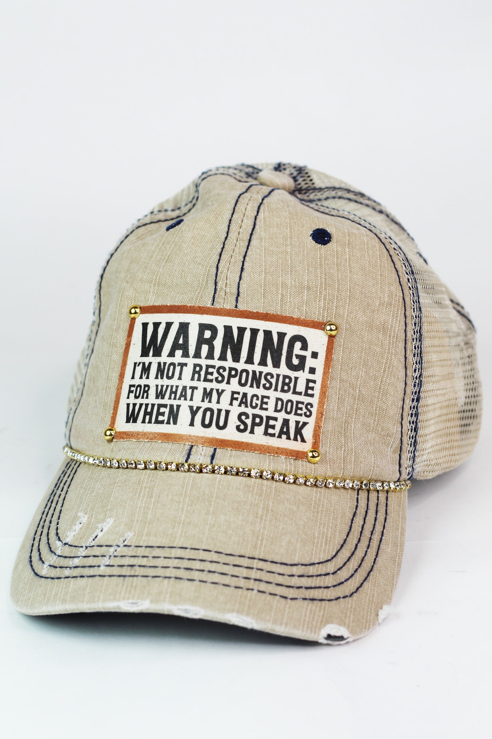 Photo & Quote Distressed Trucker Cap w/ Stone Accents