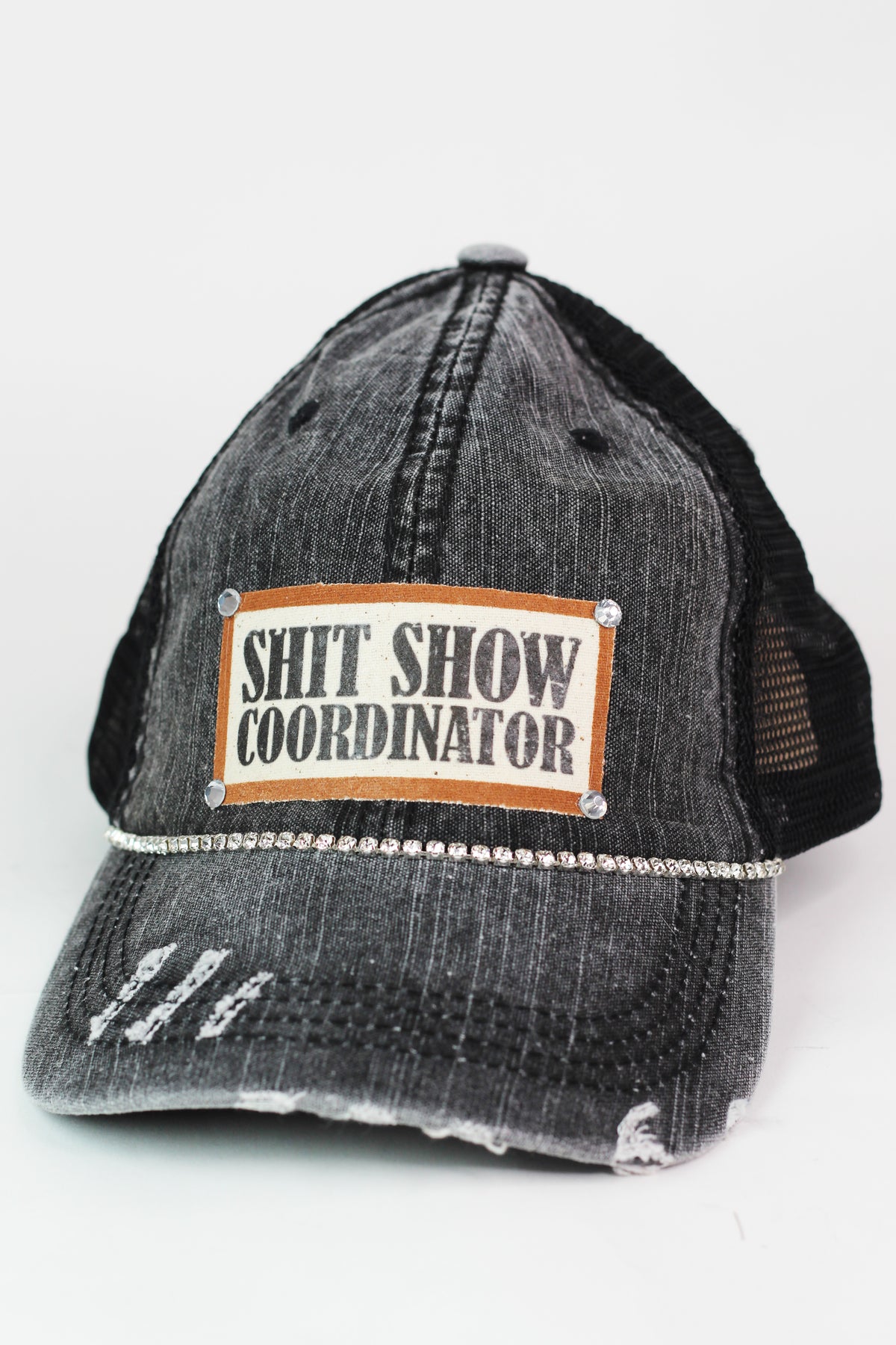 Photo & Quote Distressed Trucker Cap w/ Stone Accents