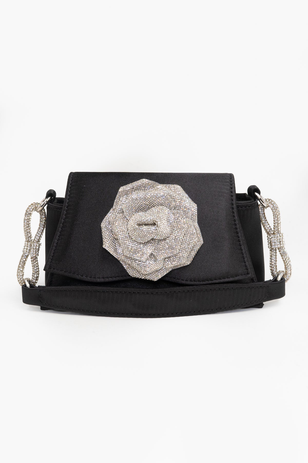 Satin Evening Bag w/ Rhinestone Flower &amp; Handle