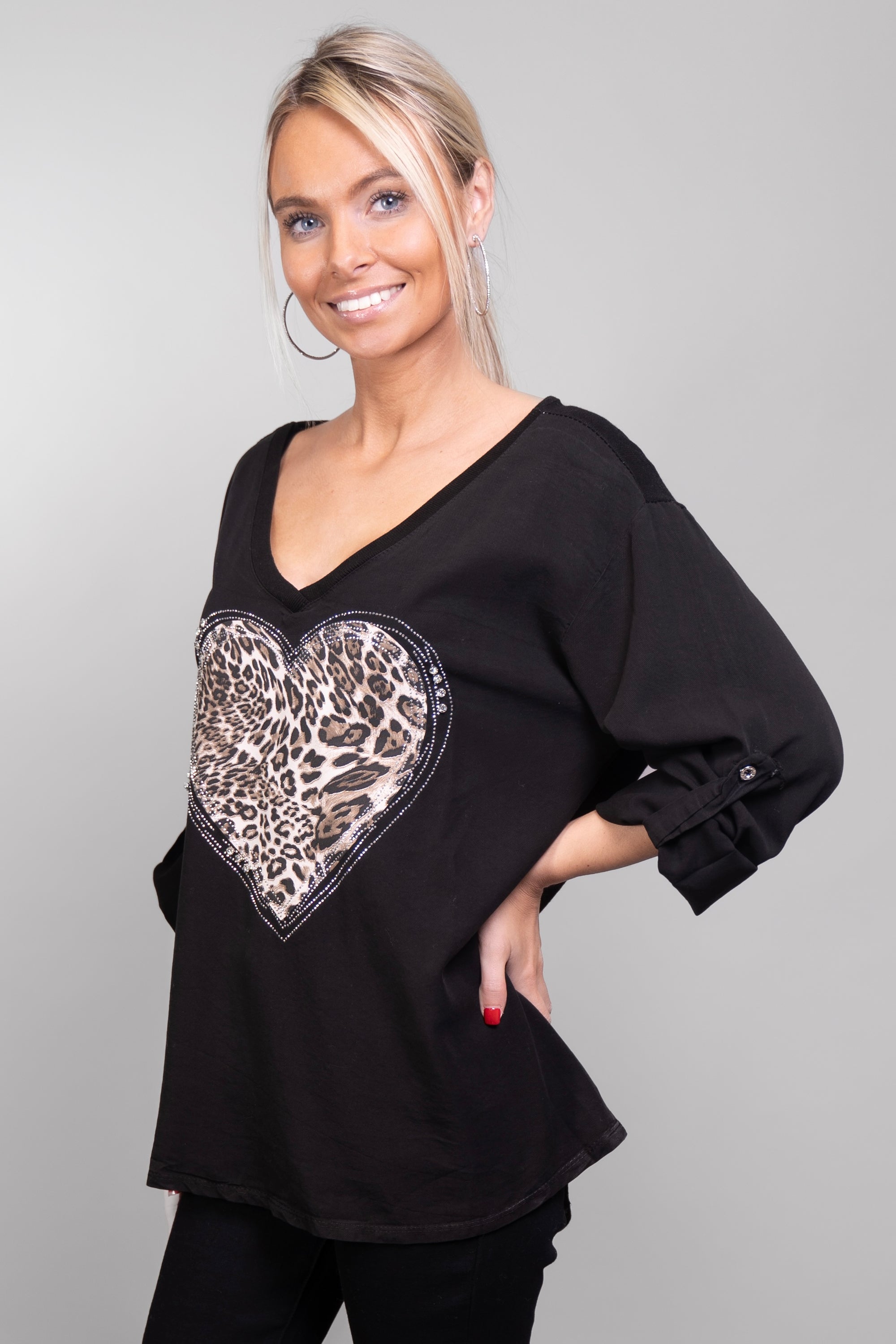 V-Neck Top with Rollup Sleeves and Leopard Rhinestone Heart