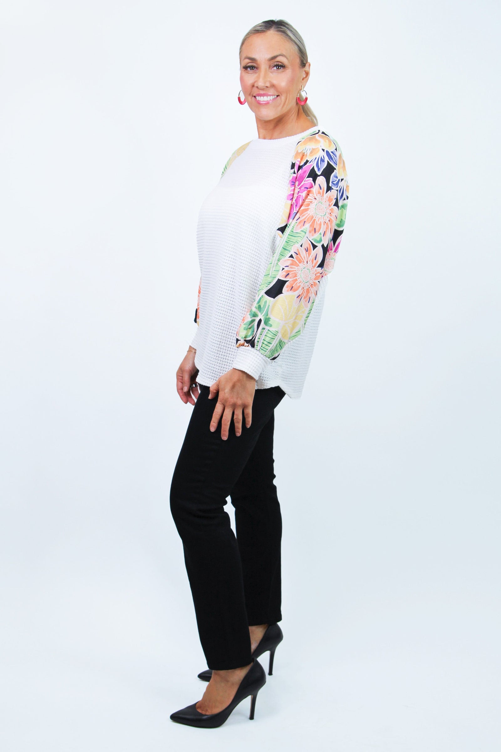 Thermal Knit Top w/ Long Floral Print Sleeves