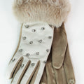 Faux Leather Gloves w/ Spaced Stones & Fur Cuffs