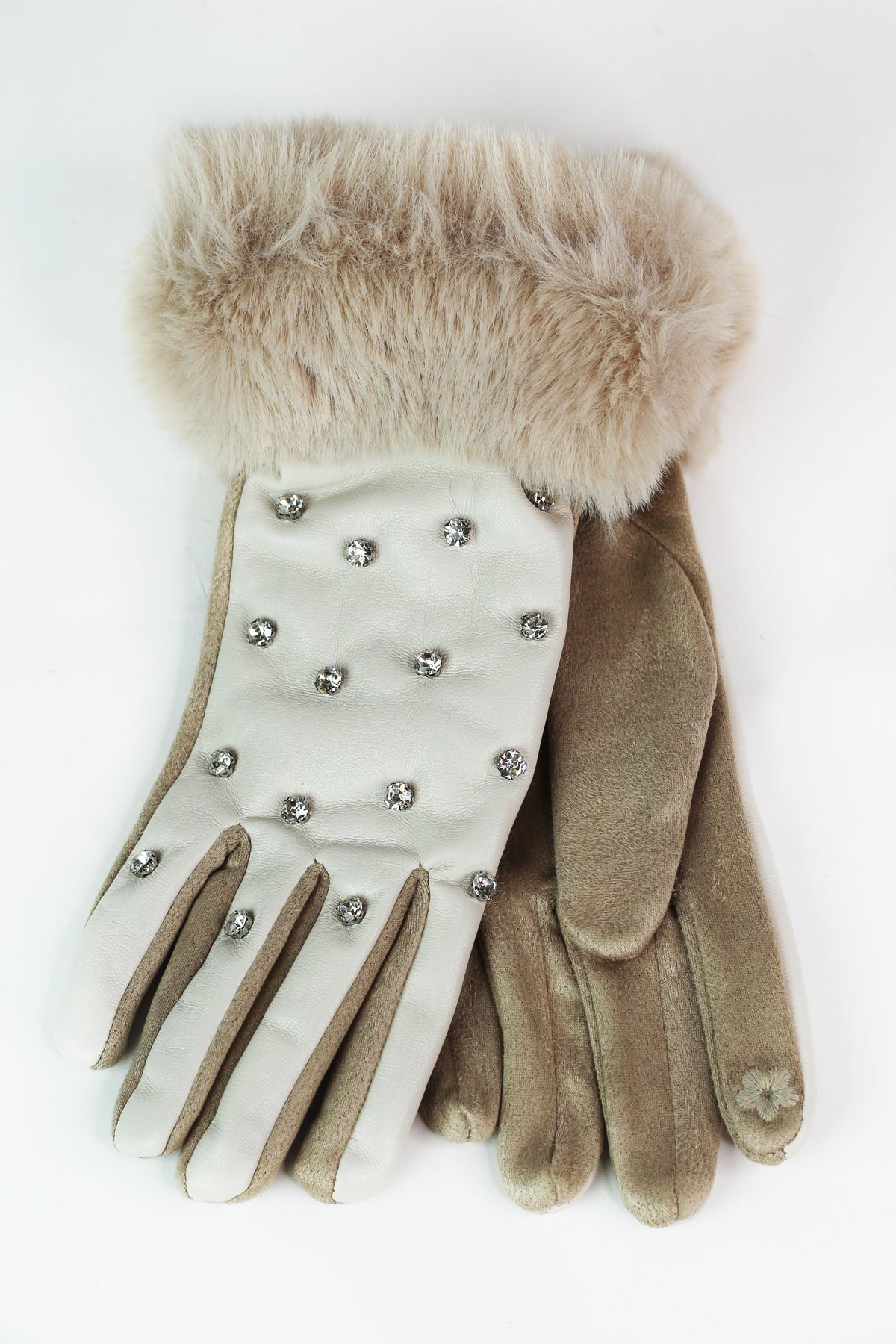 Faux Leather Gloves w/ Spaced Stones &amp; Fur Cuffs