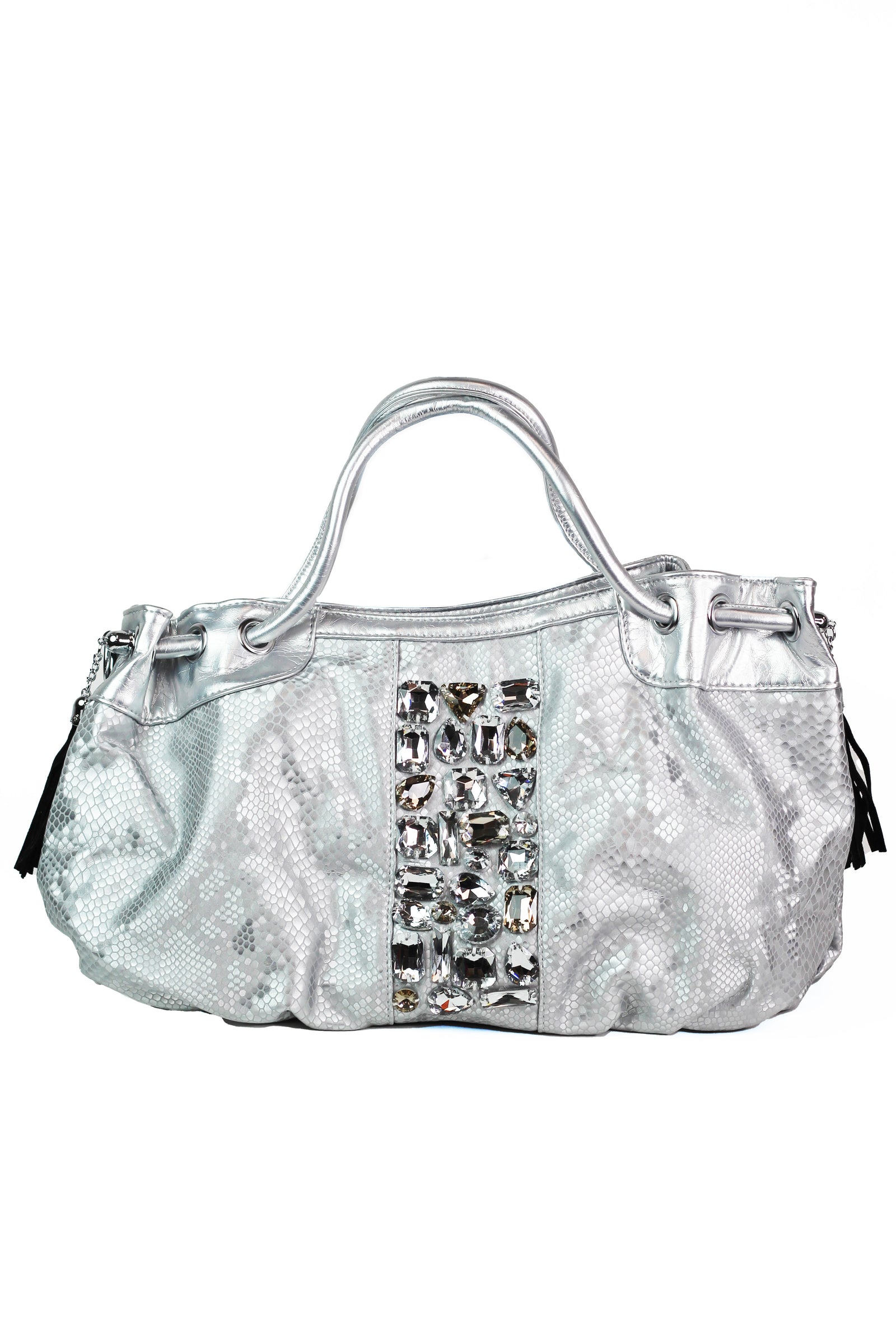 Faux Snakeskin Purse w/ Large Stone Accents & Side Tassels