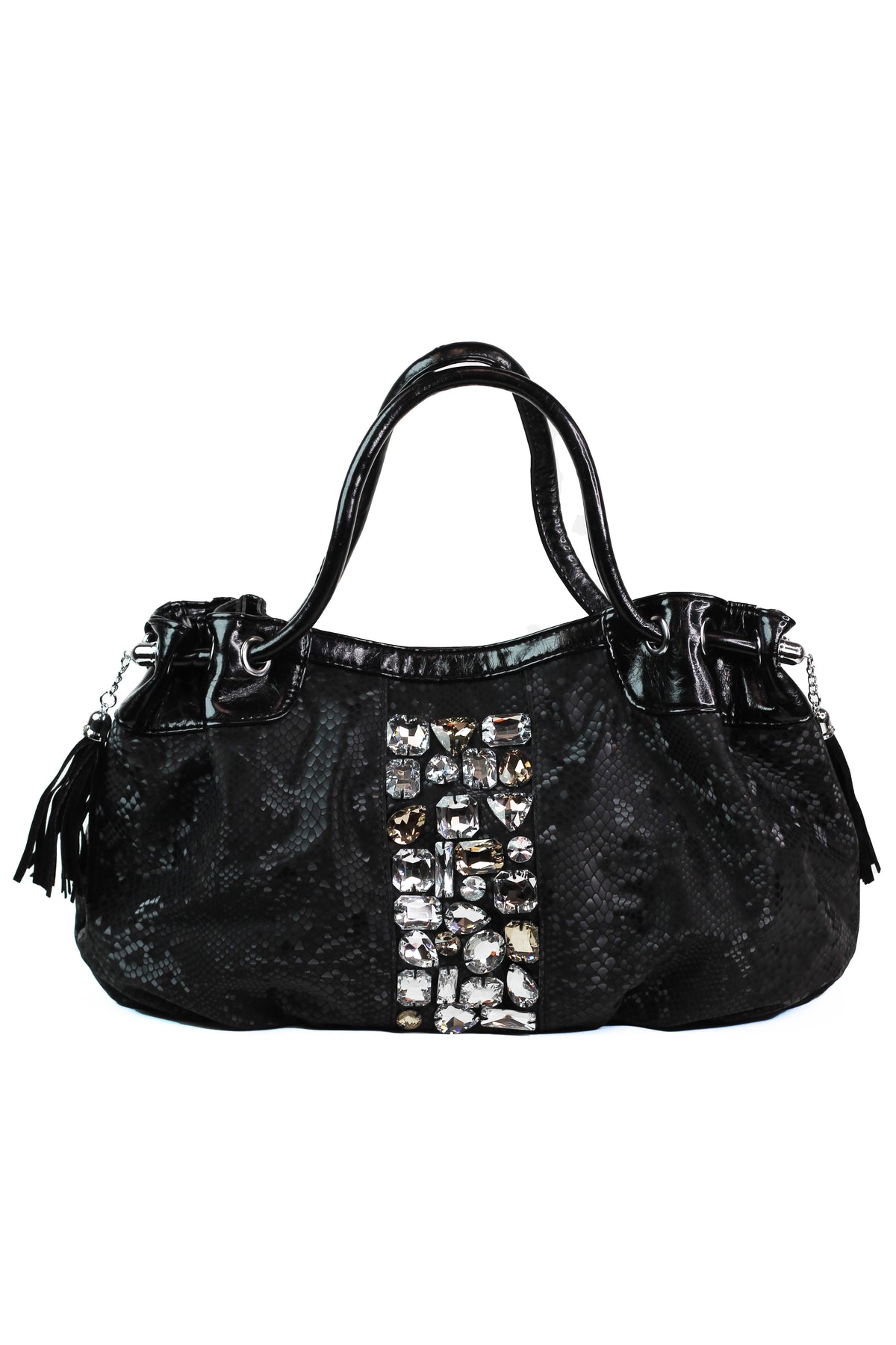 Faux Snakeskin Purse w/ Large Stone Accents &amp; Side Tassels