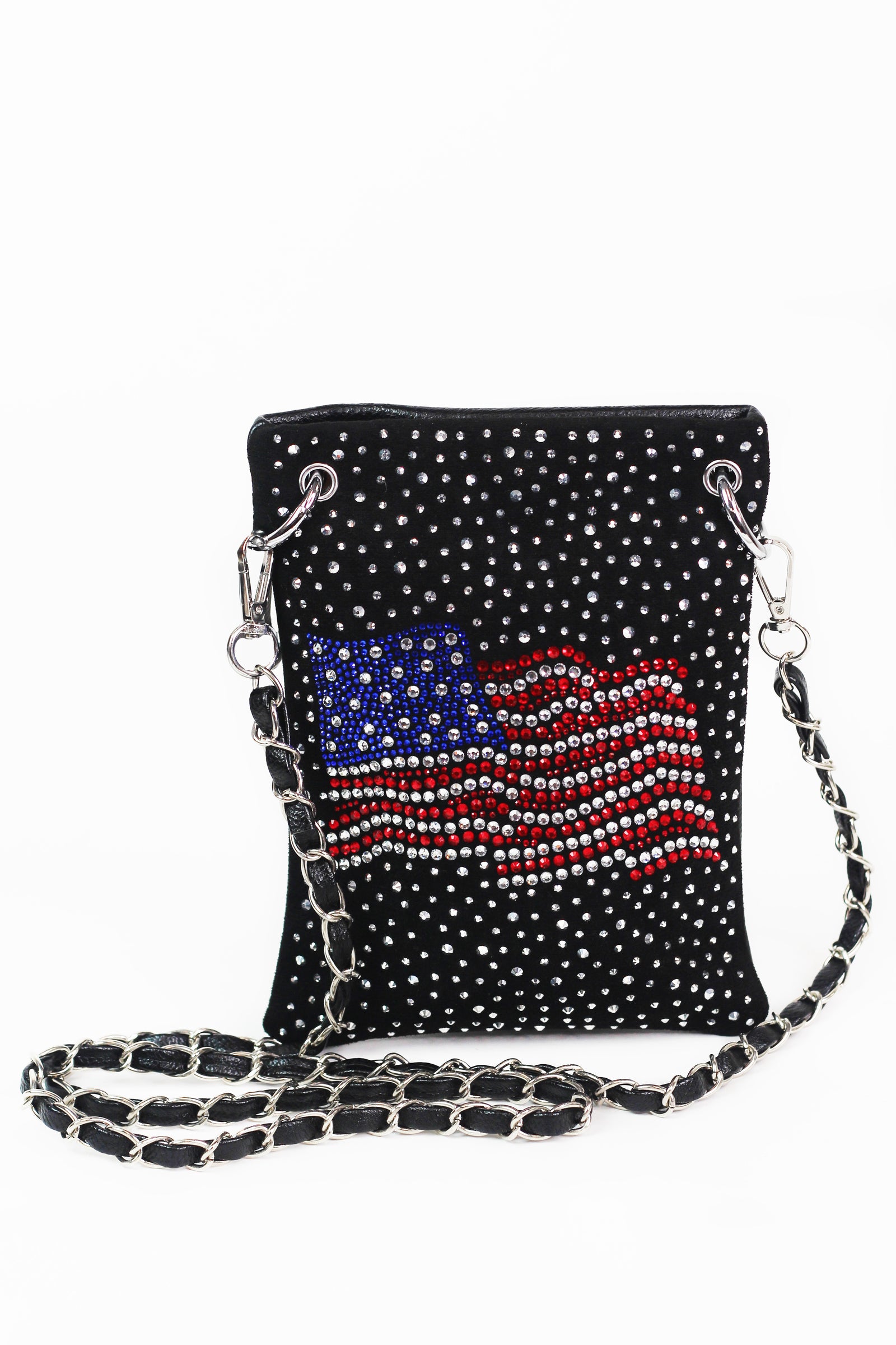Wavy USA Flag & Scattered Stones Crossbody Pouch w/ Chain Strap