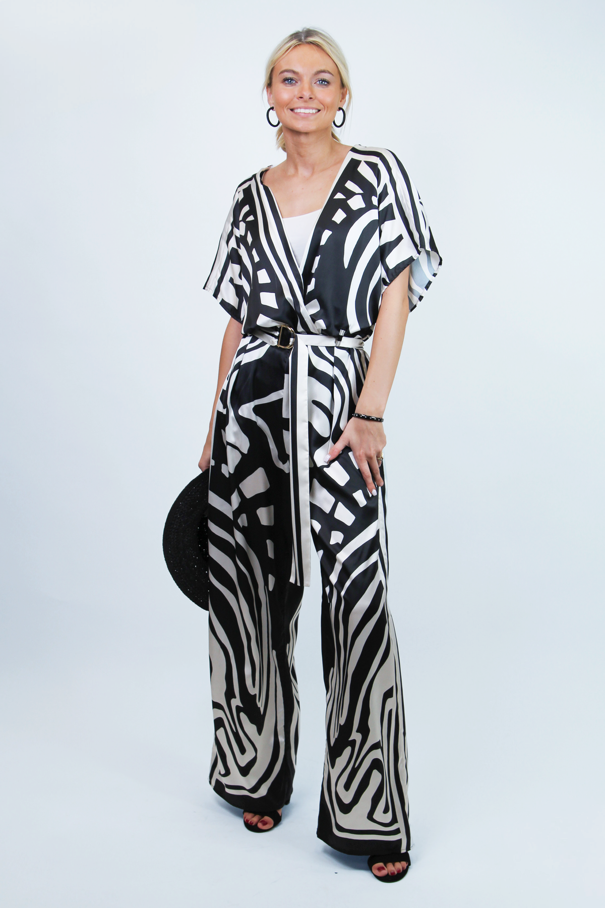 Geometric Print Silky Surplice Jumpsuit w/ Striped Belt (SALE)