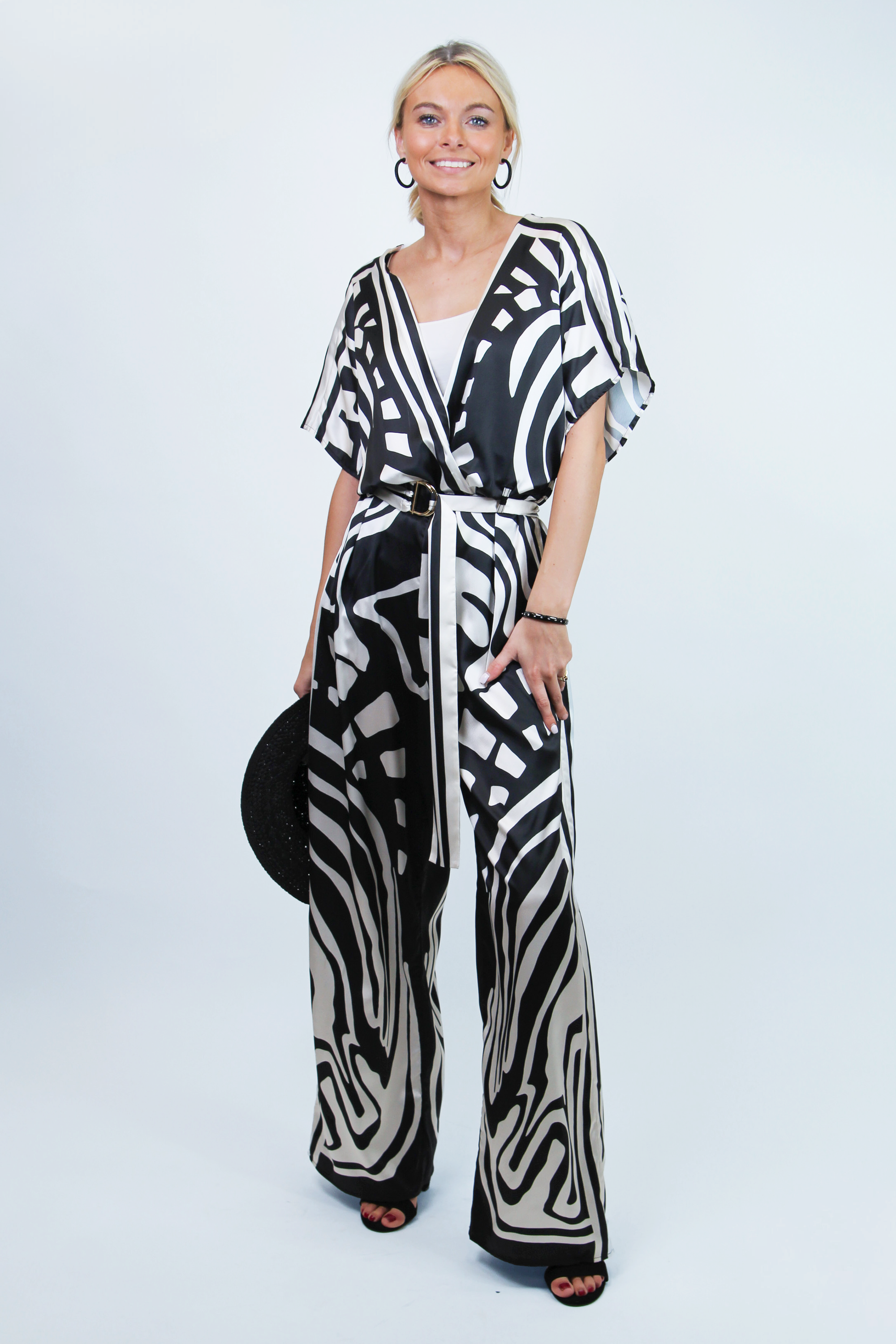 Geometric Print Silky Surplice Jumpsuit w/ Striped Belt (SALE)
