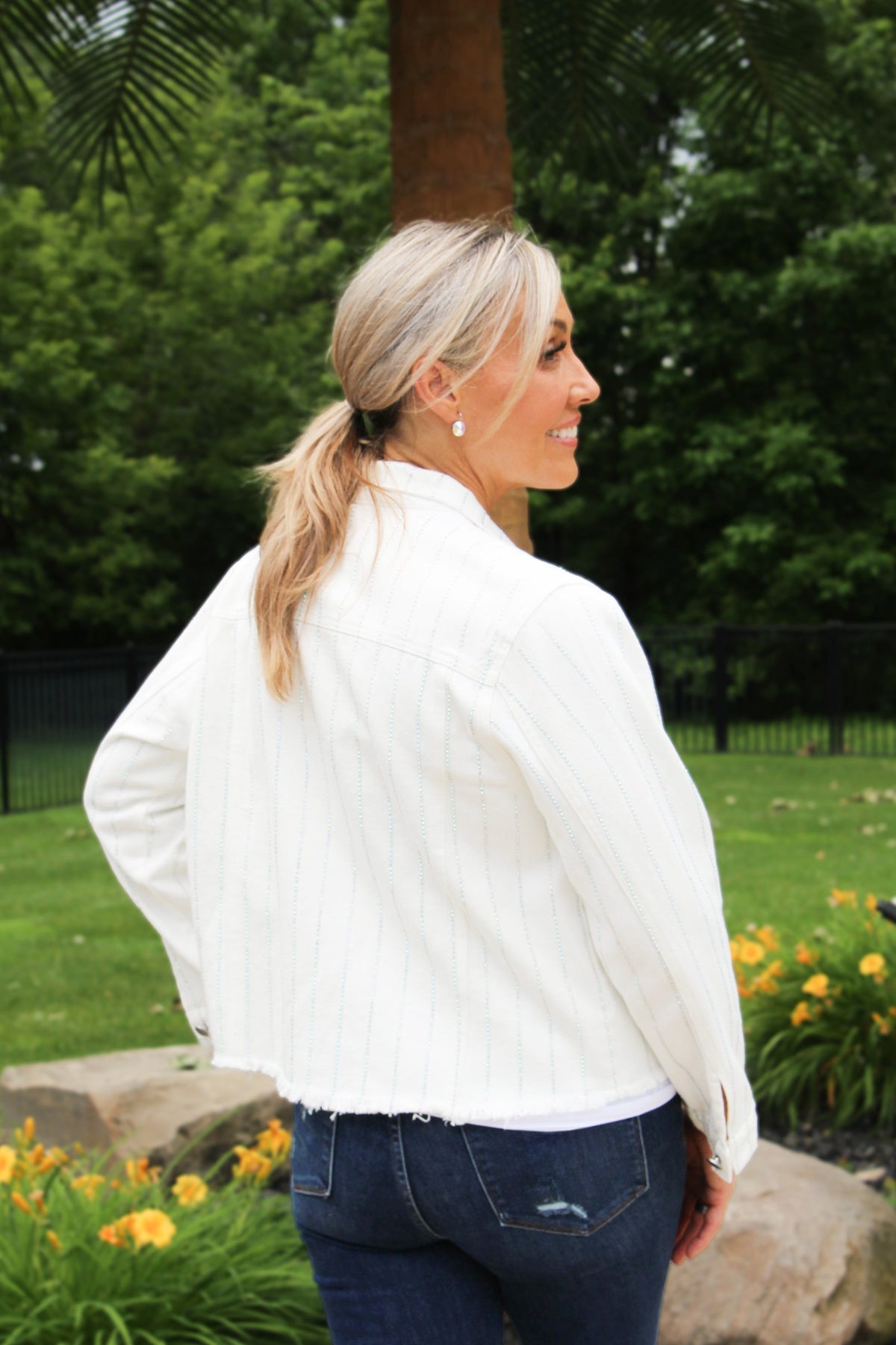 Denim Jacket w/ Rhinestone Stripe Detail