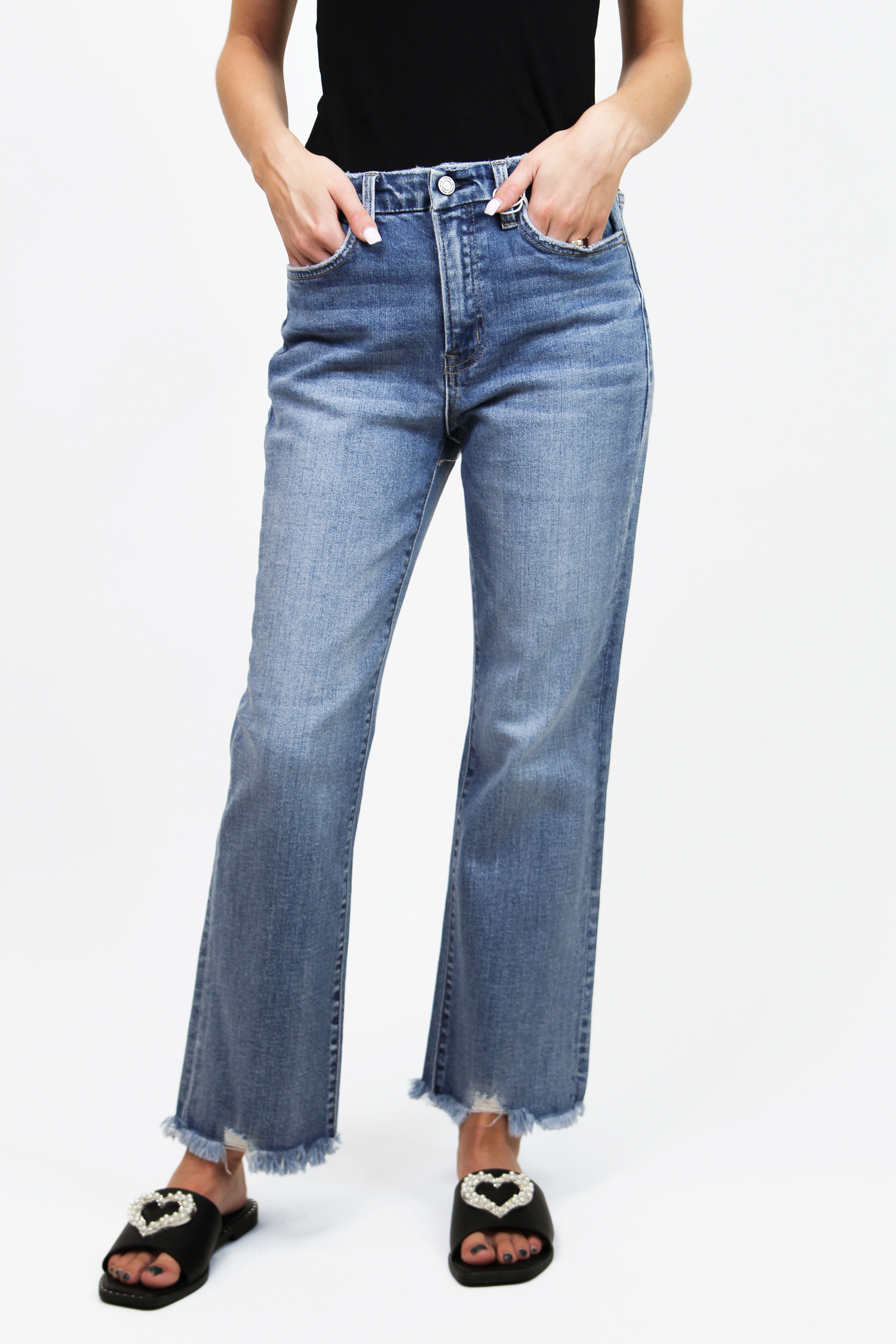 High Rise Crop Flare Raw Hem