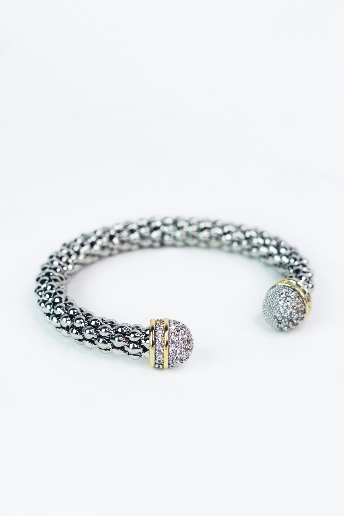 Half Rhinestone Ends Ball Design Open Bangle