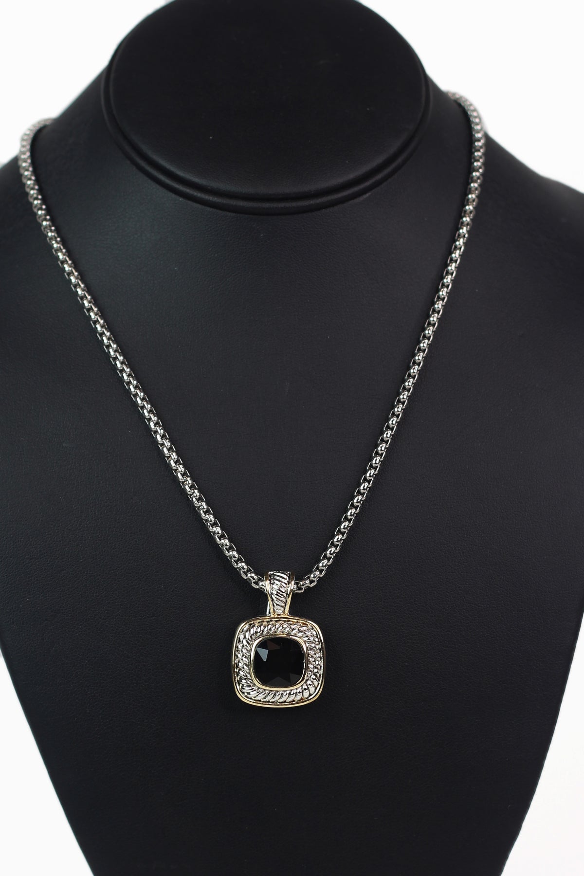 Two Tone Black Stud Rhinestone w/ Rope Trim Square Necklace
