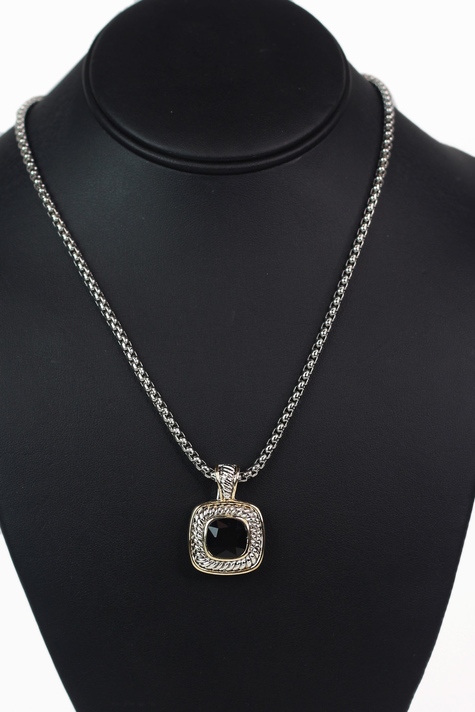 Two Tone Black Stud Rhinestone w/ Rope Trim Square Necklace