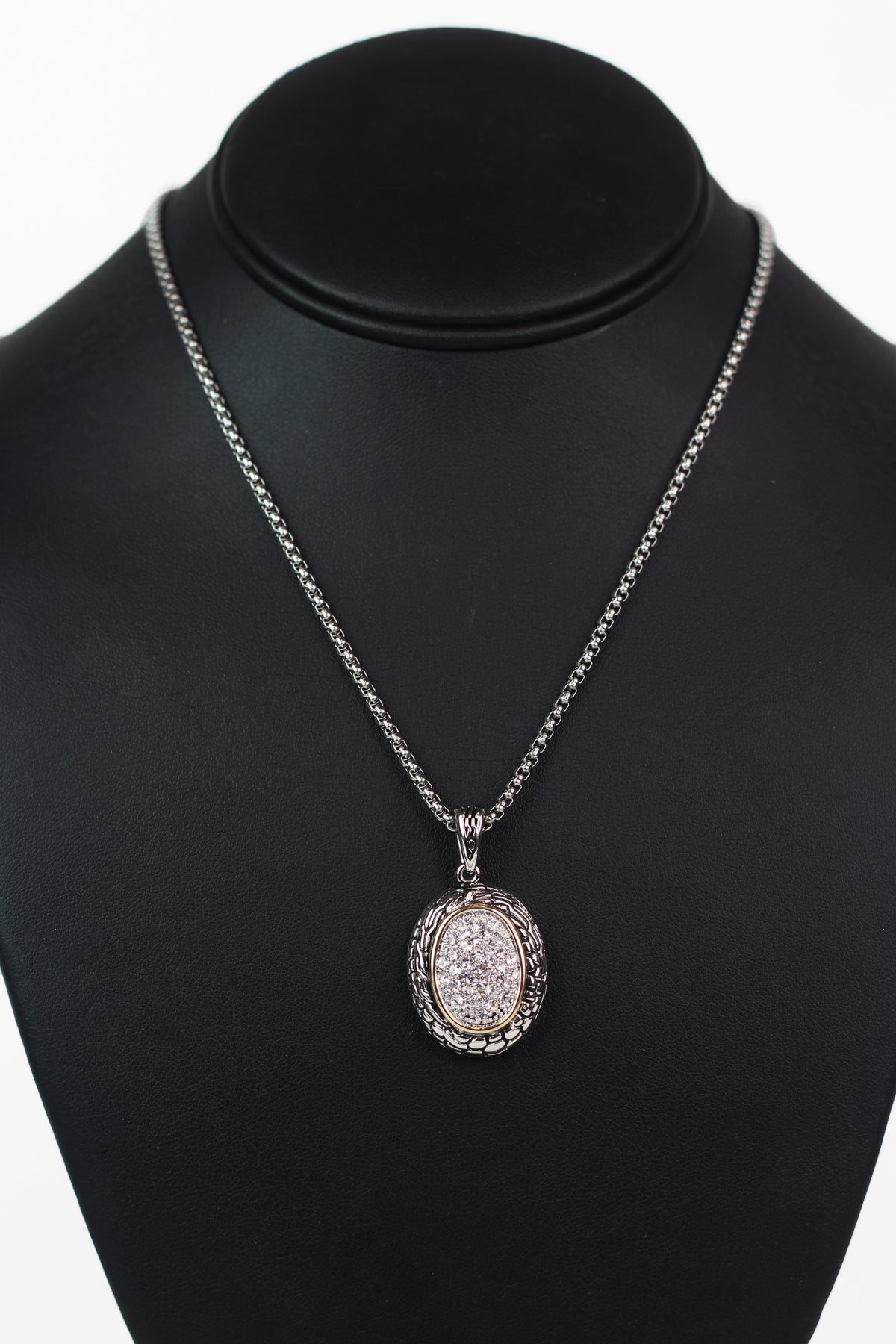 Two Tone Rhinestone Oval Pendant Necklace