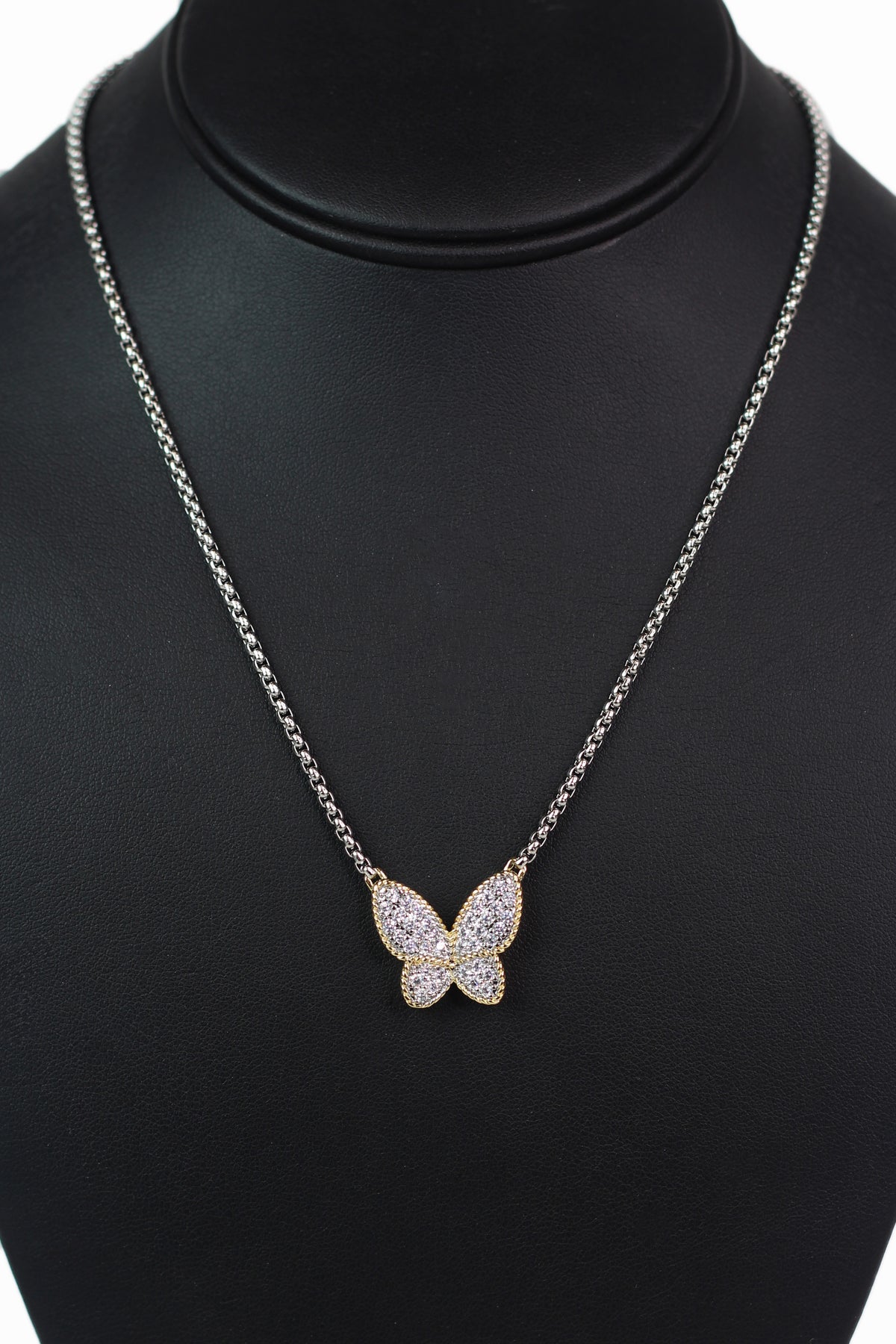 Dangling Rhinestone Butterfly Necklace Trimmed in Gold
