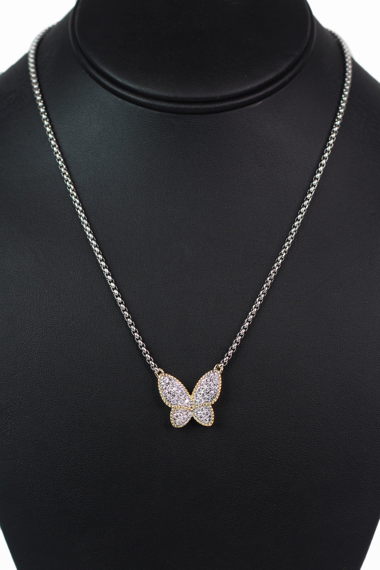 Dangling Rhinestone Butterfly Necklace Trimmed in Gold