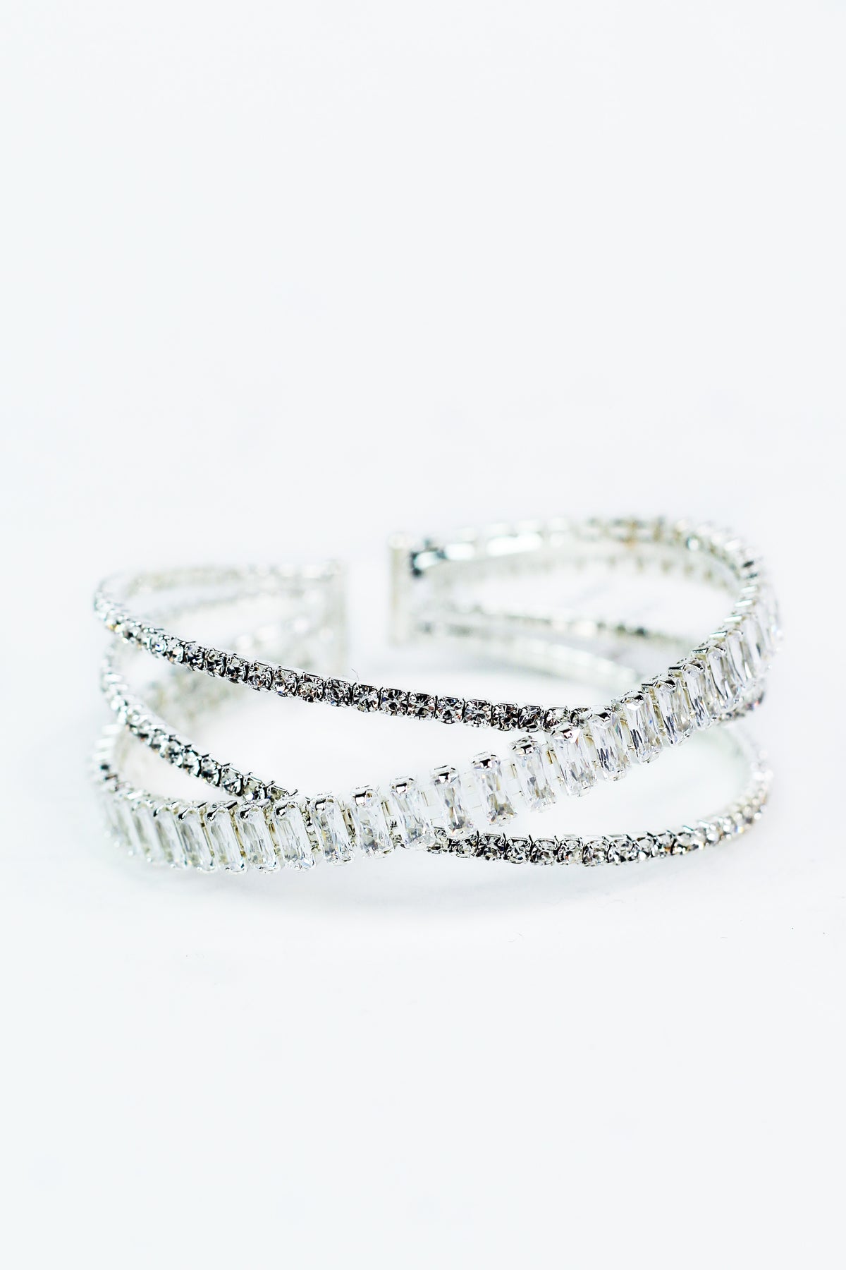 3 Row Rhinestone & Baguette Crisscross Bracelet