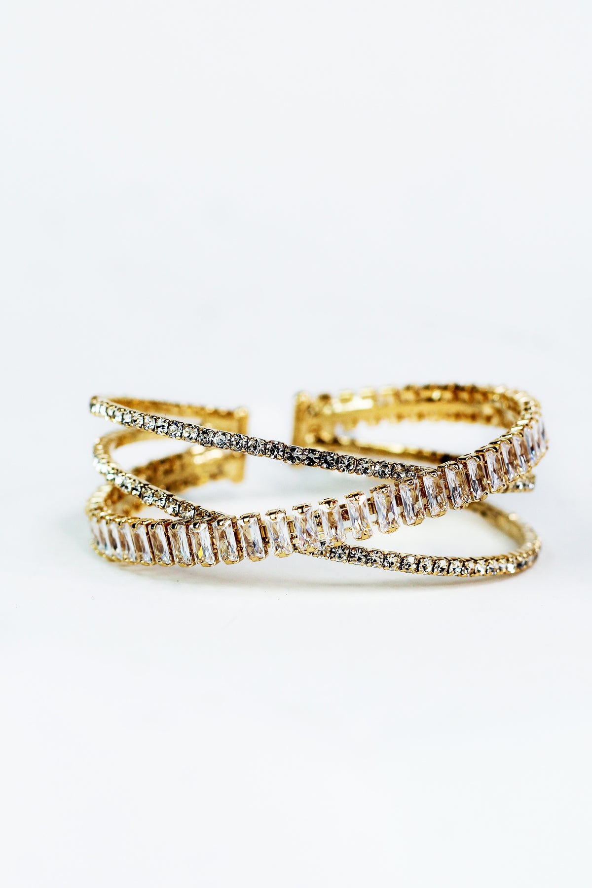 3 Row Rhinestone &amp; Baguette Crisscross Bracelet - Glitz &amp; Ears Boutique