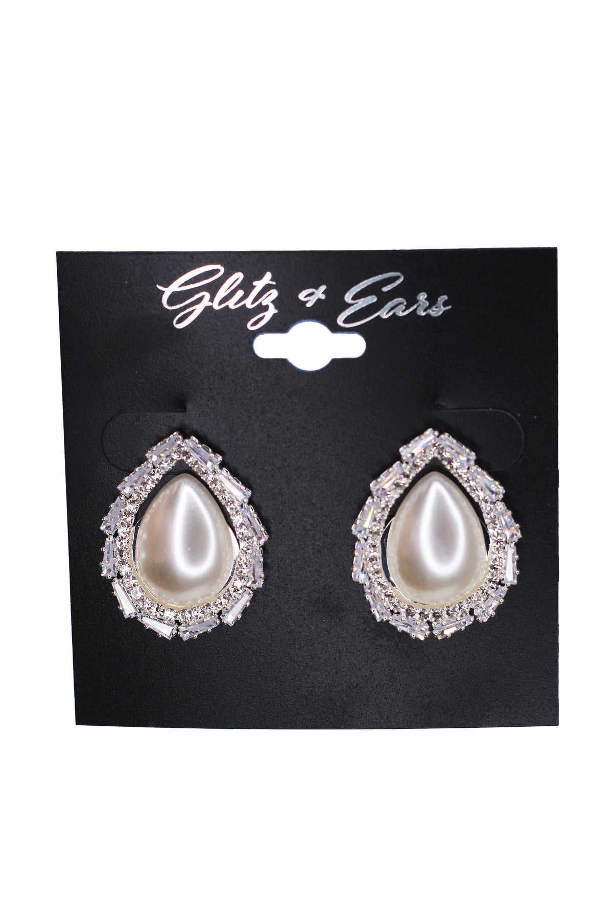 Baguette &amp; Rhinestone Trim Pearl Teardrop Stud