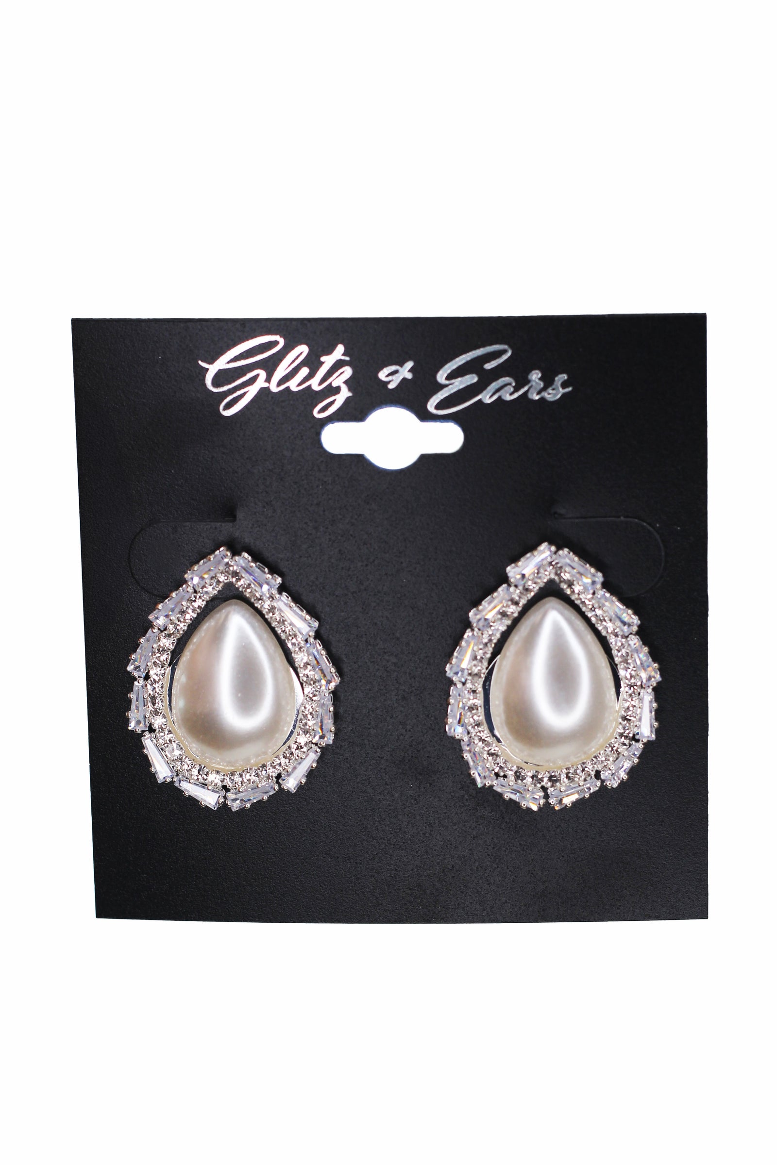 Baguette & Rhinestone Trim Pearl Teardrop Stud