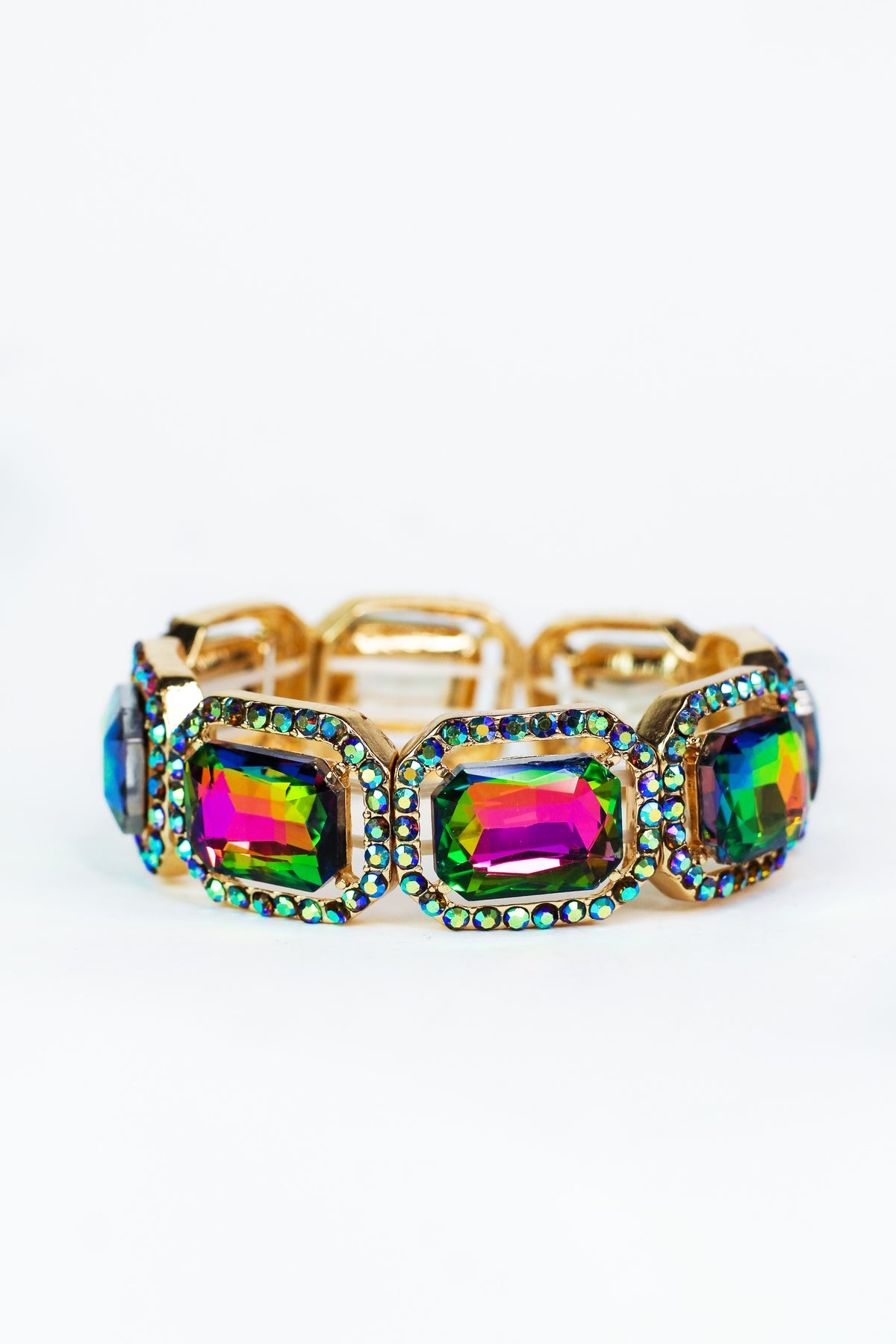 Rhinestone Trimmed Square Multi Color Gem Bracelet