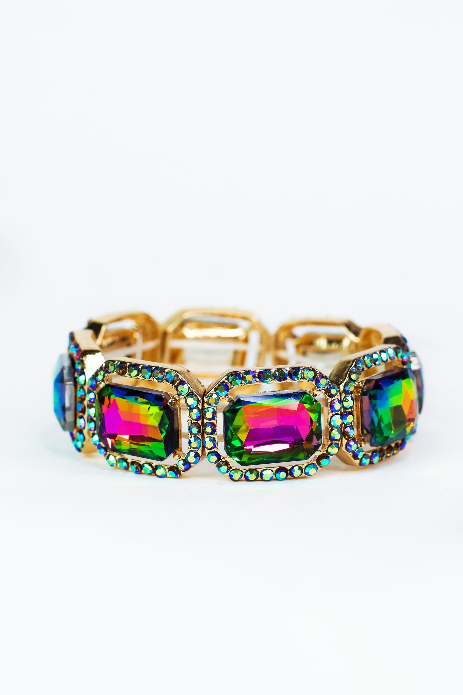 Rhinestone Trimmed Square Multi Color Gem Bracelet
