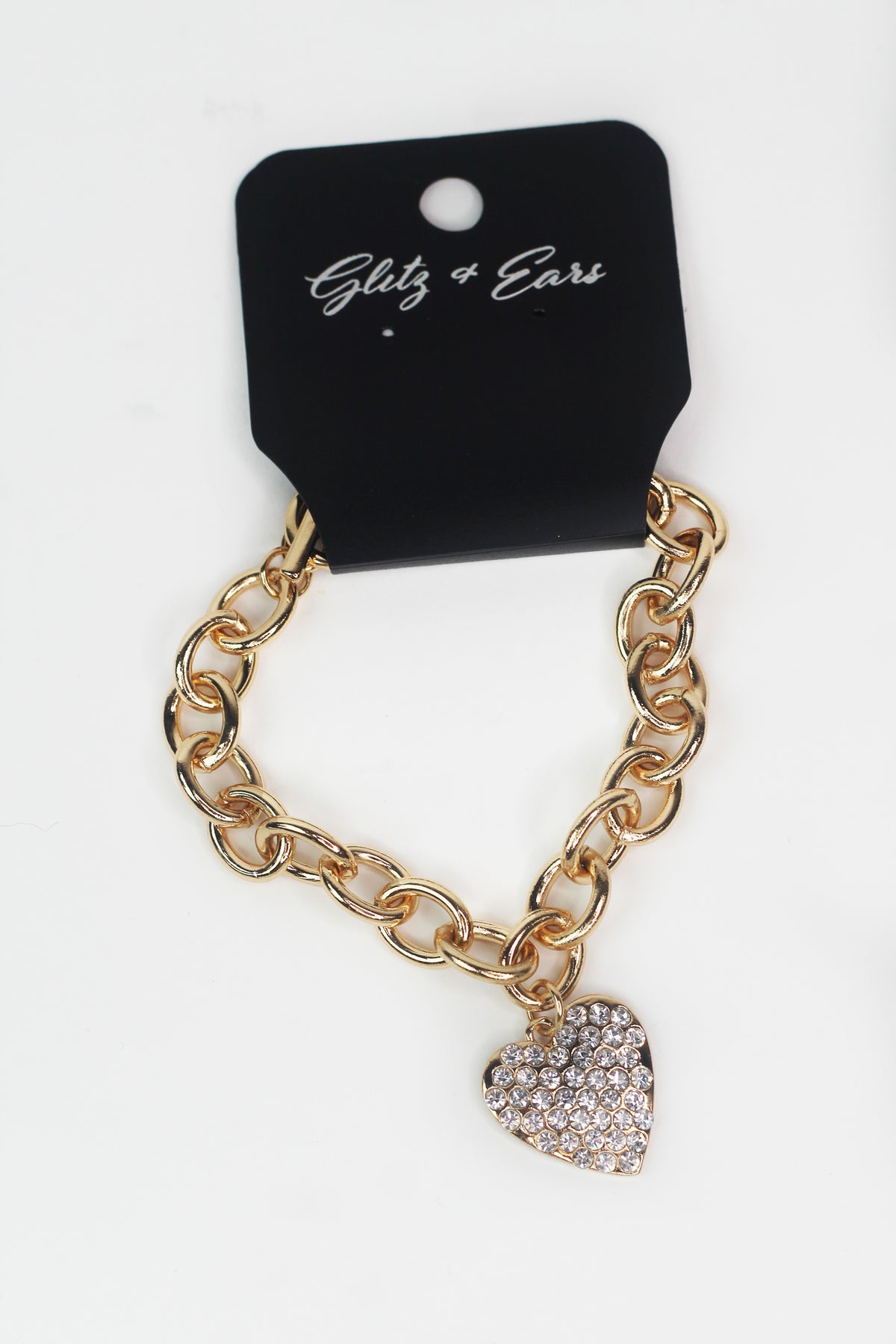 Medium Oval Link Chain Dangling Rhinestone Front Face Heart Bracelet