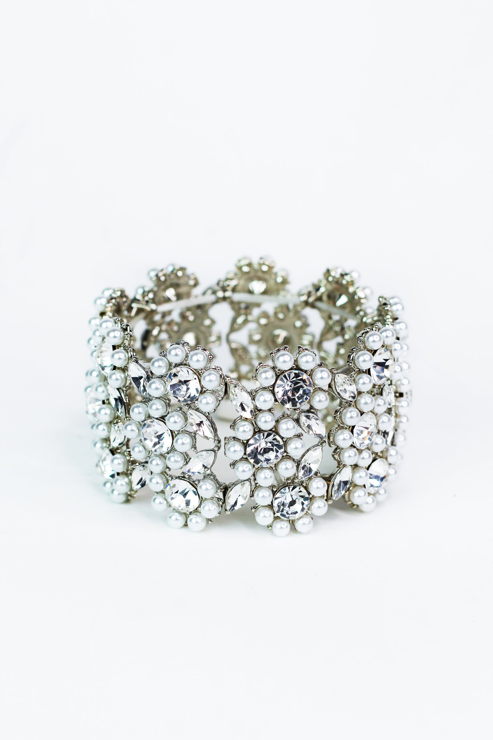 Floral Design Pearl & Rhinestone Bracelet - Glitz & Ears Boutique