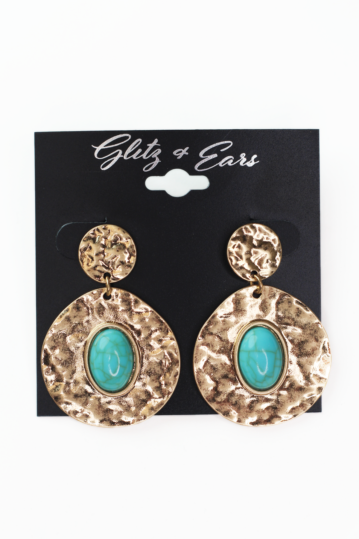 Hammered Metal Turquoise Center Dangle Earrings