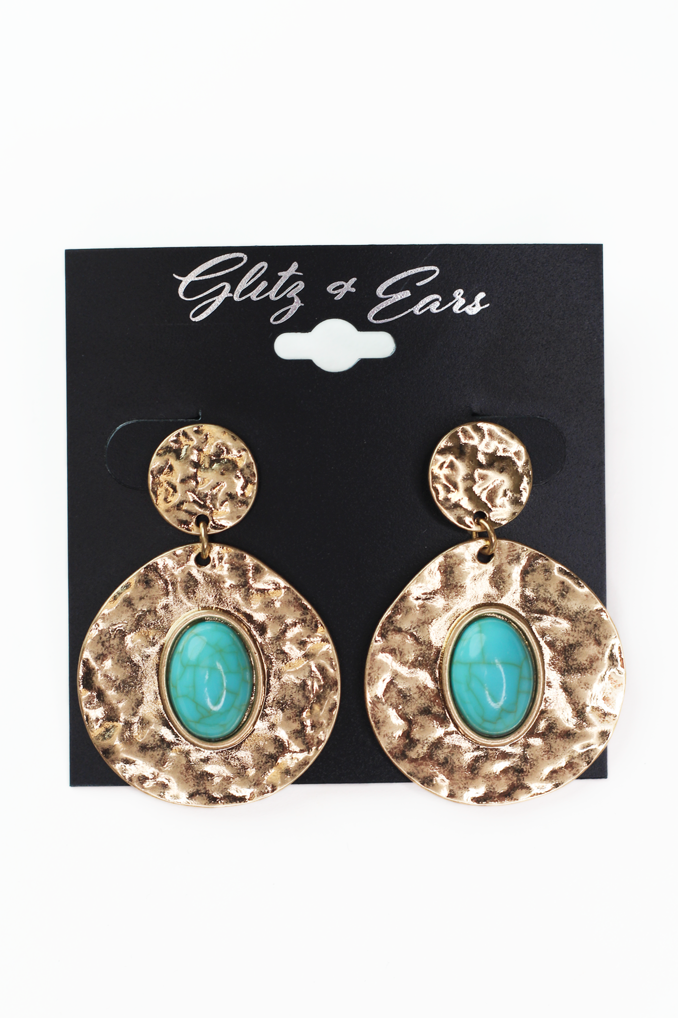 Hammered Metal Turquoise Center Dangle Earrings