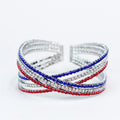 3-Row Red Clear & Blue Rhinestone Criss Cross Cuff Bracelet